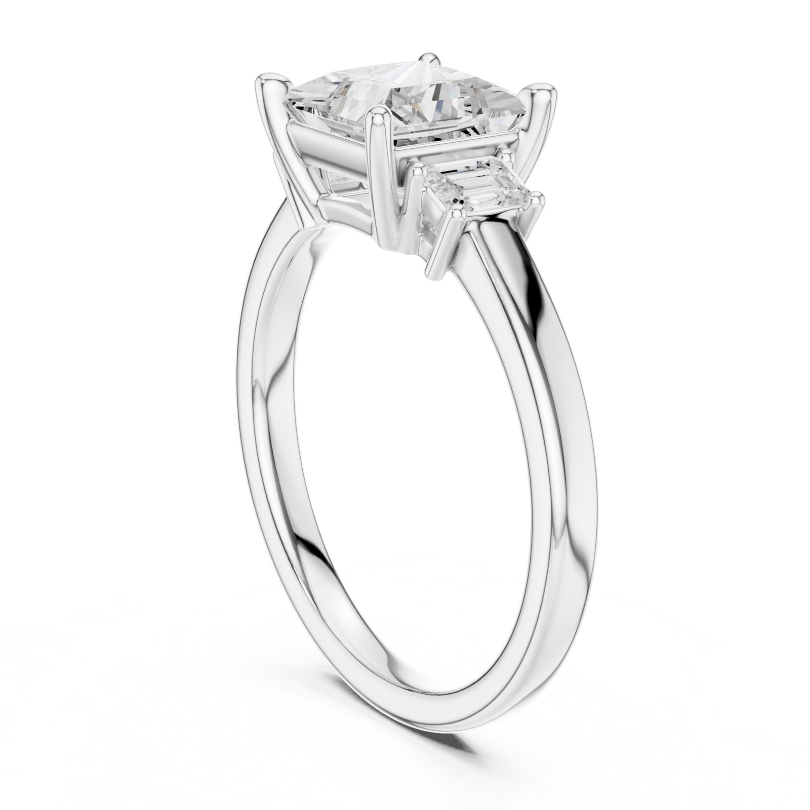 Perla Princess Cut Three Stone Engagement Ring with Emerald Sides in white gold
