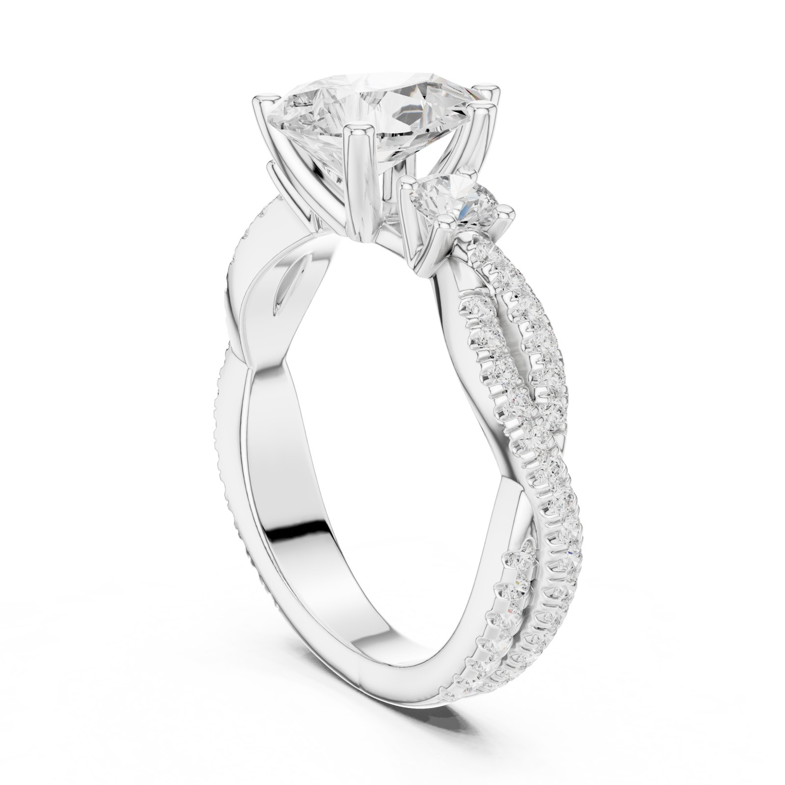 Antonie Pear Three Stone Engagement Ring with Crossover Pavé Band in white gold
