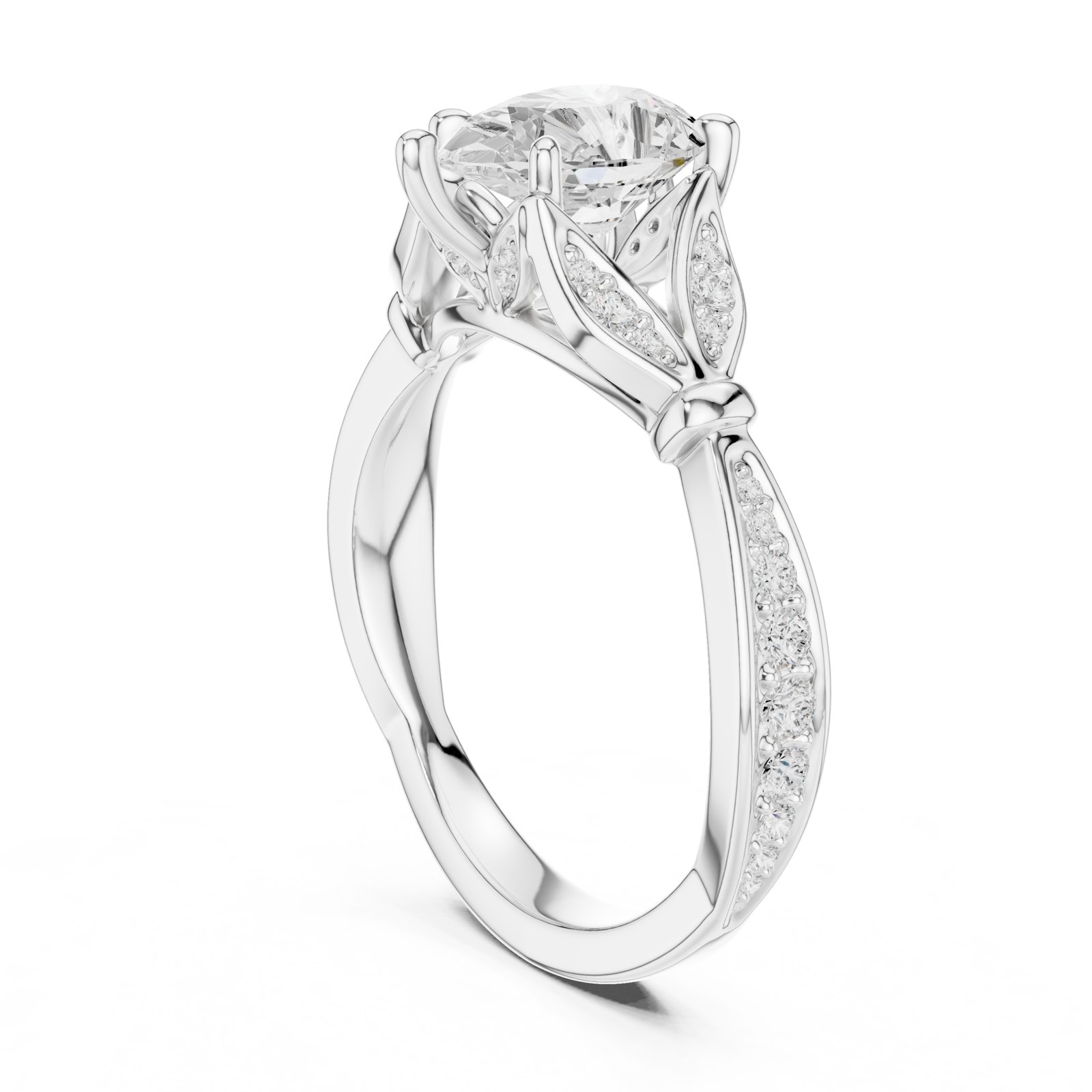 Vanesa Pear Leaf Detail Twisted Pavé Engagement Ring in white gold