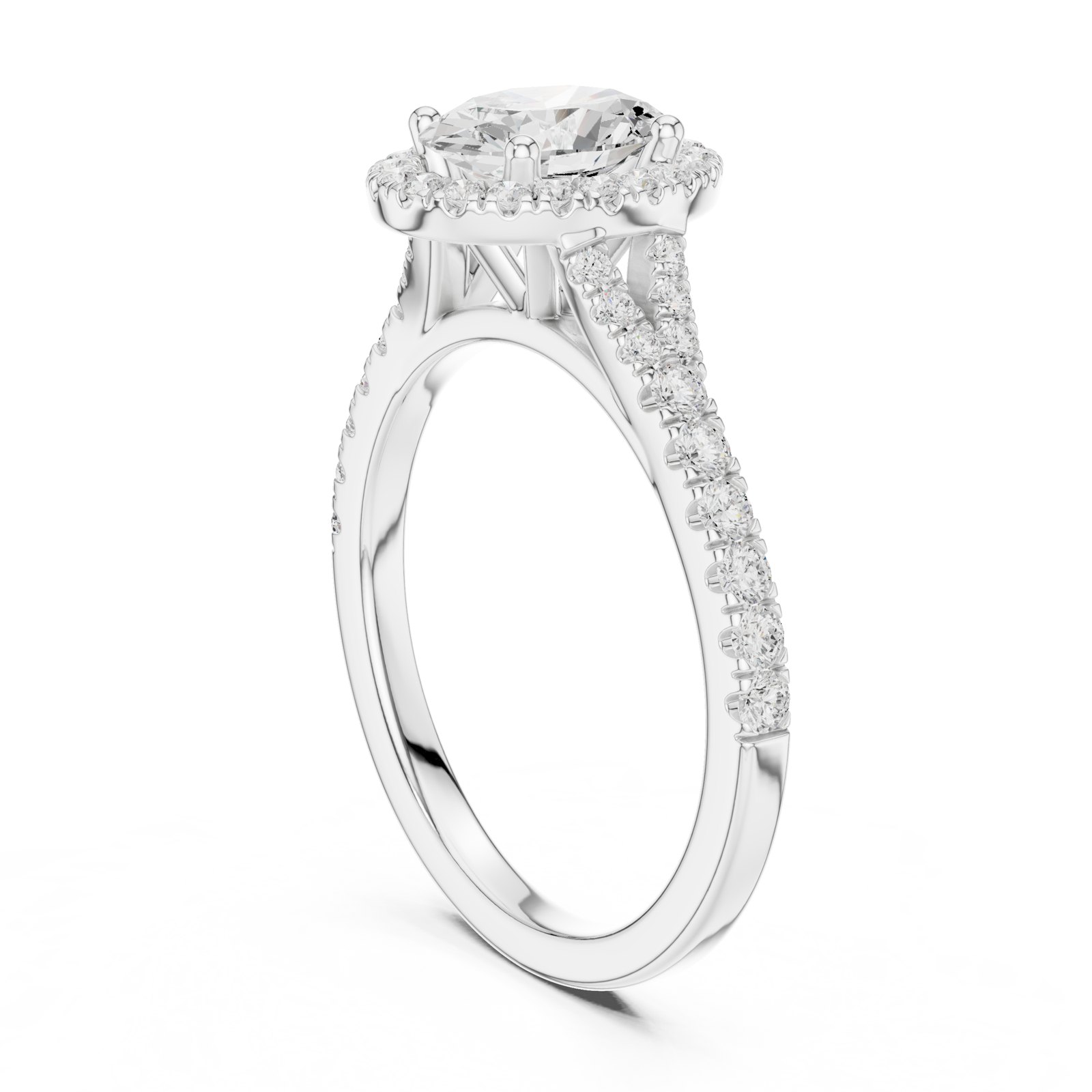 Hannelore Oval Halo Split Shank Pavé Engagement Ring in white gold