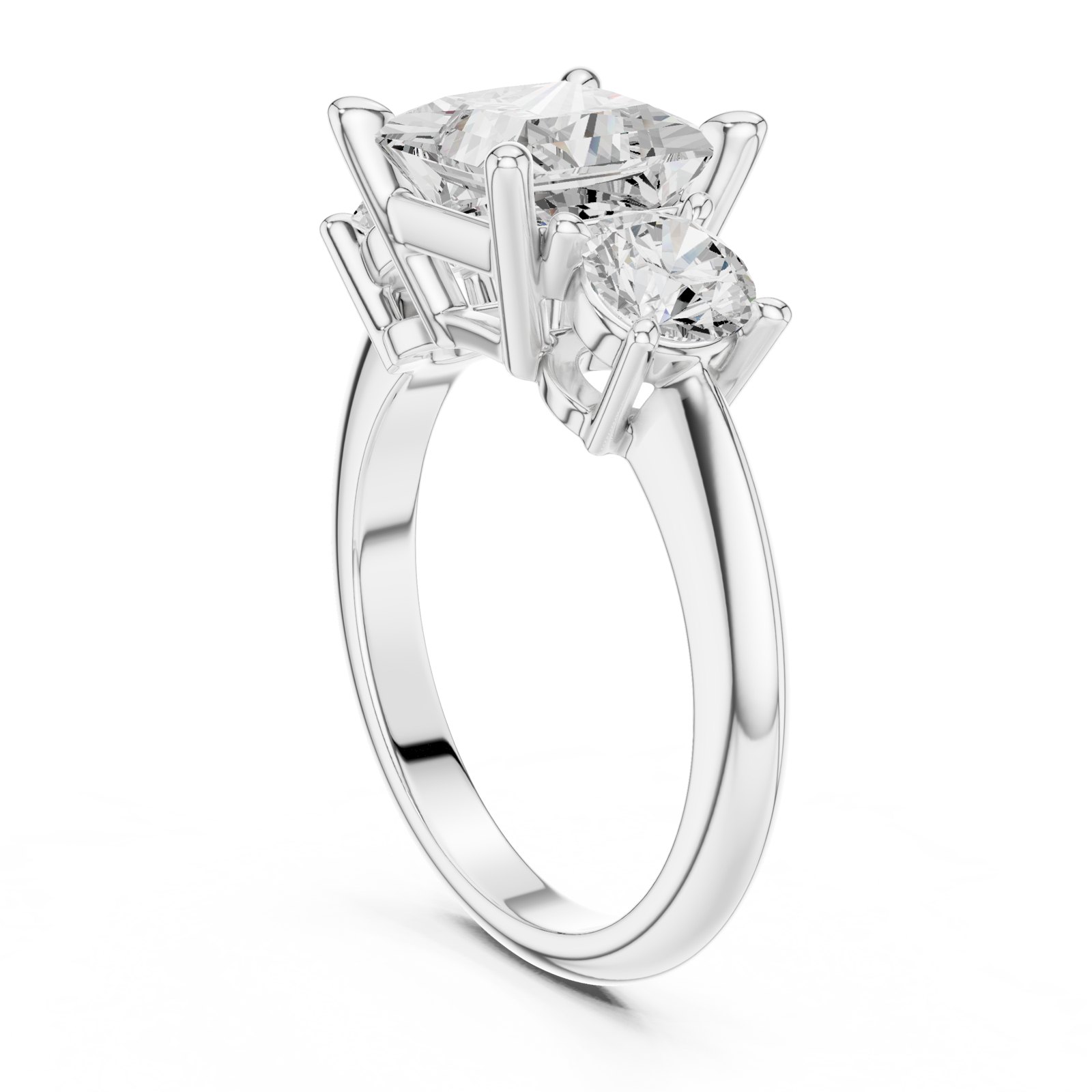 Caelia Princess Cut Three Stone Engagement Ring with Round Sides in white gold