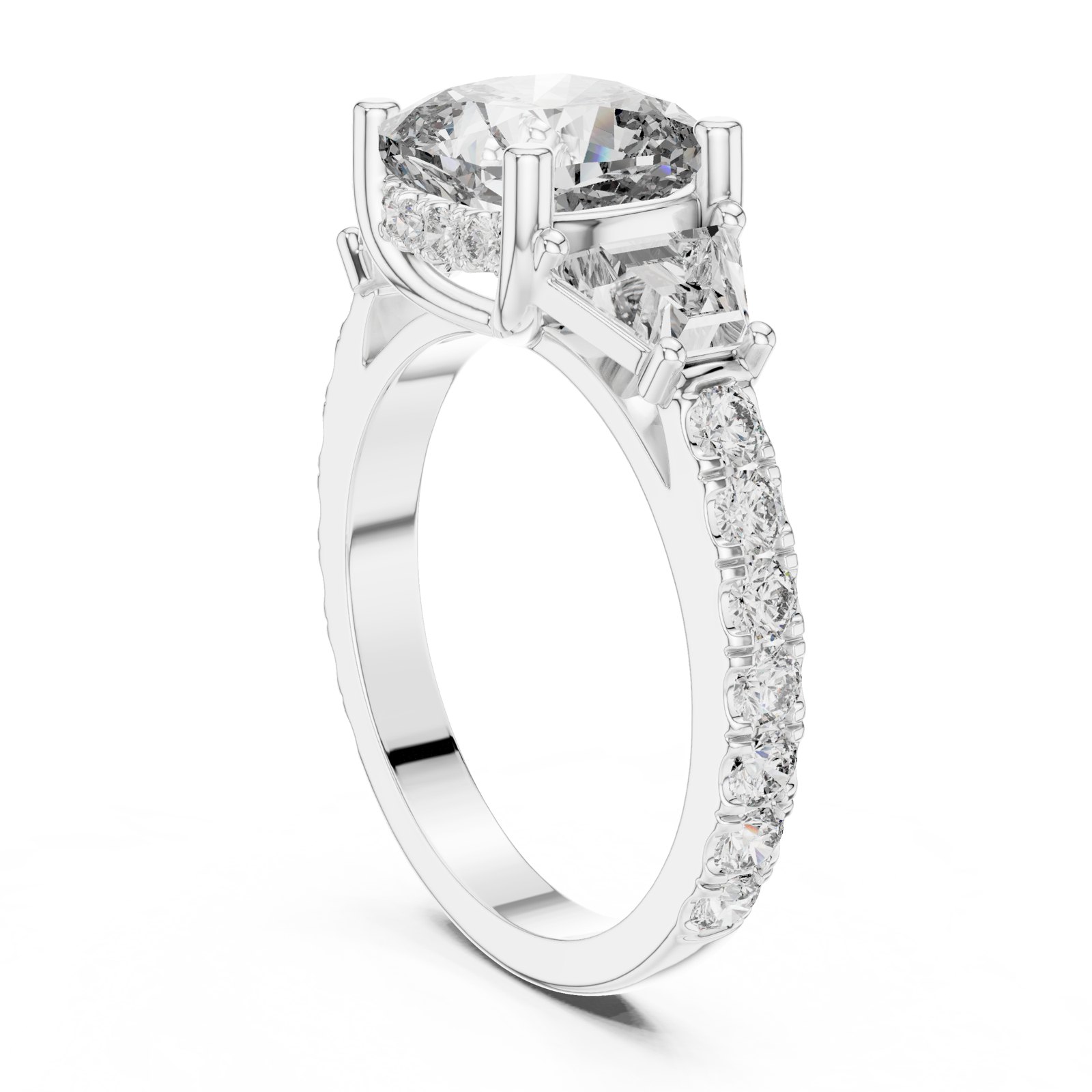 Nia Cushion Cut Three Stone Ring with Pavé Band in white gold