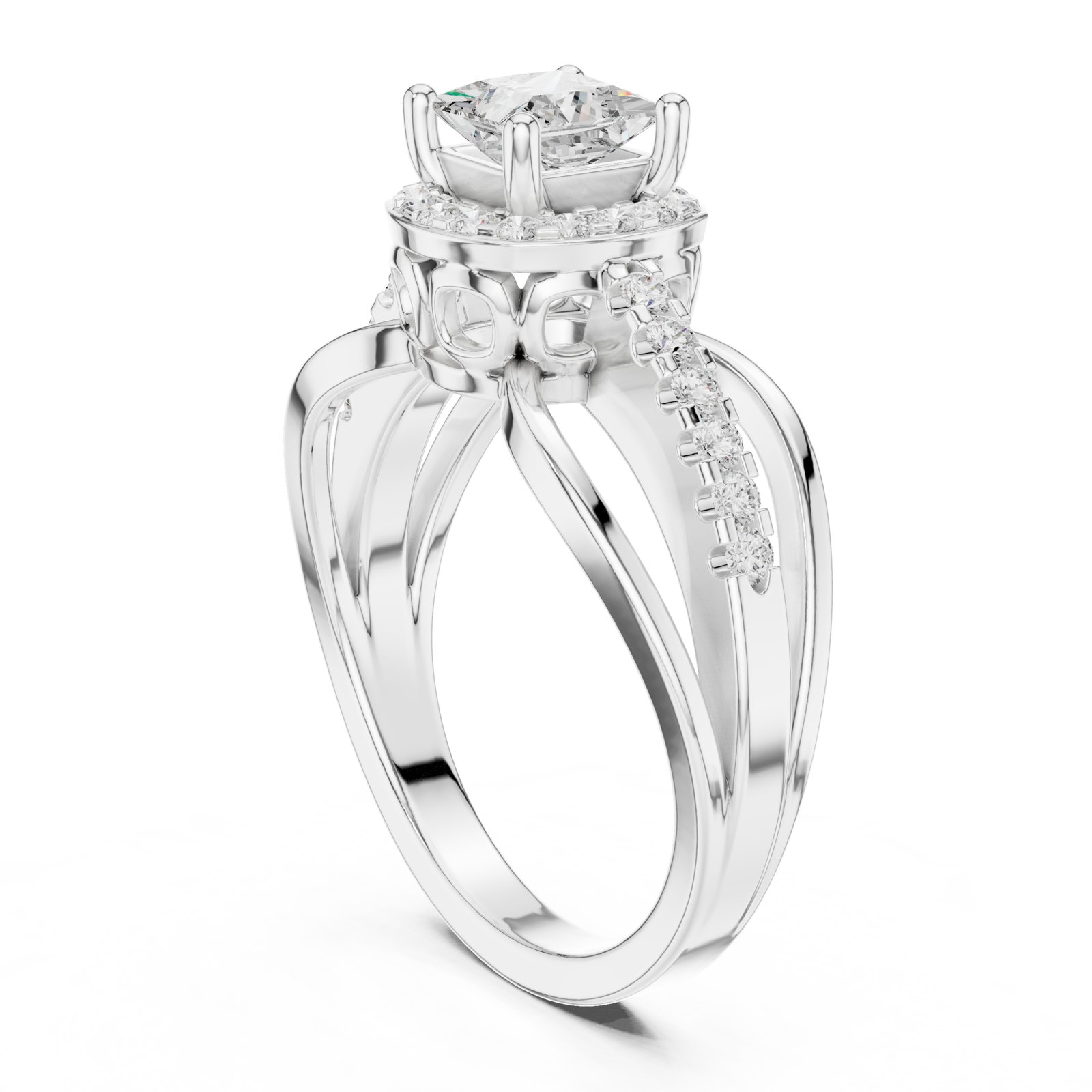 Fidela Princess Cut Halo Engagement Ring with Multi-Band Shank in white gold