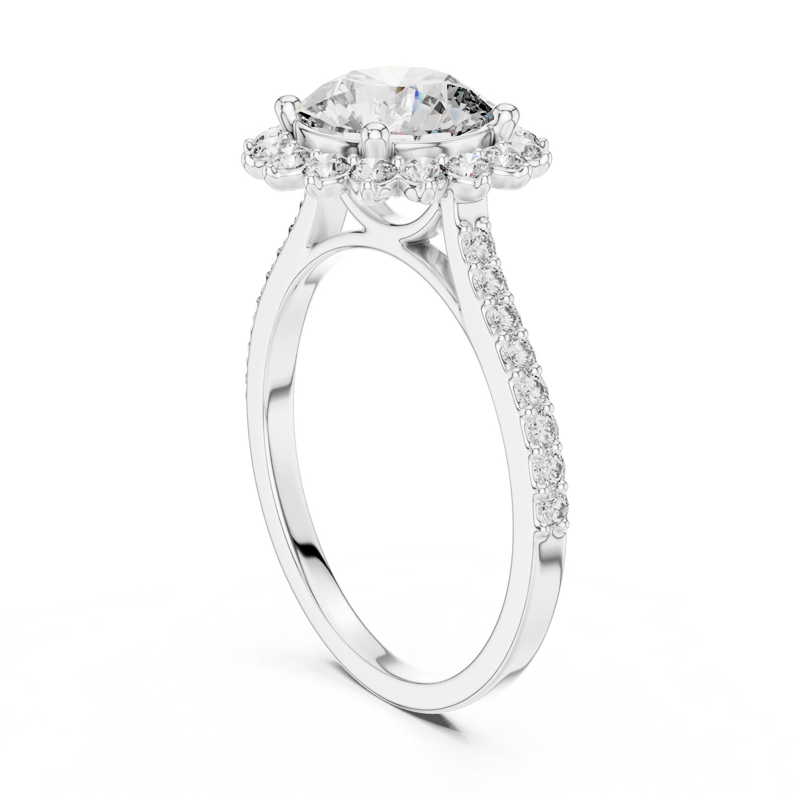 Cosmina Round Scalloped Halo Engagement Ring with Pavé Band in white gold