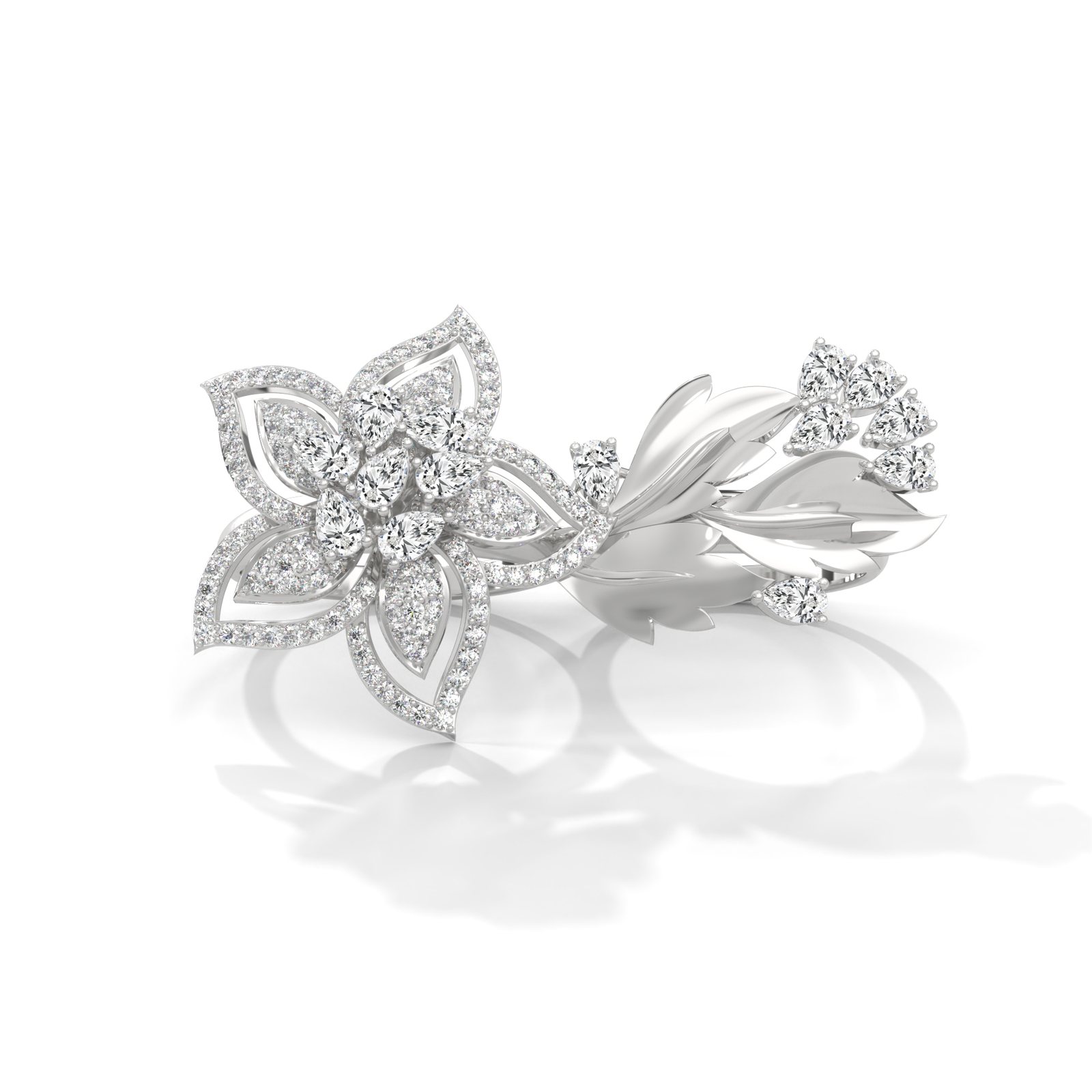 Two-Finger Diamond Flower and Leaf Ring