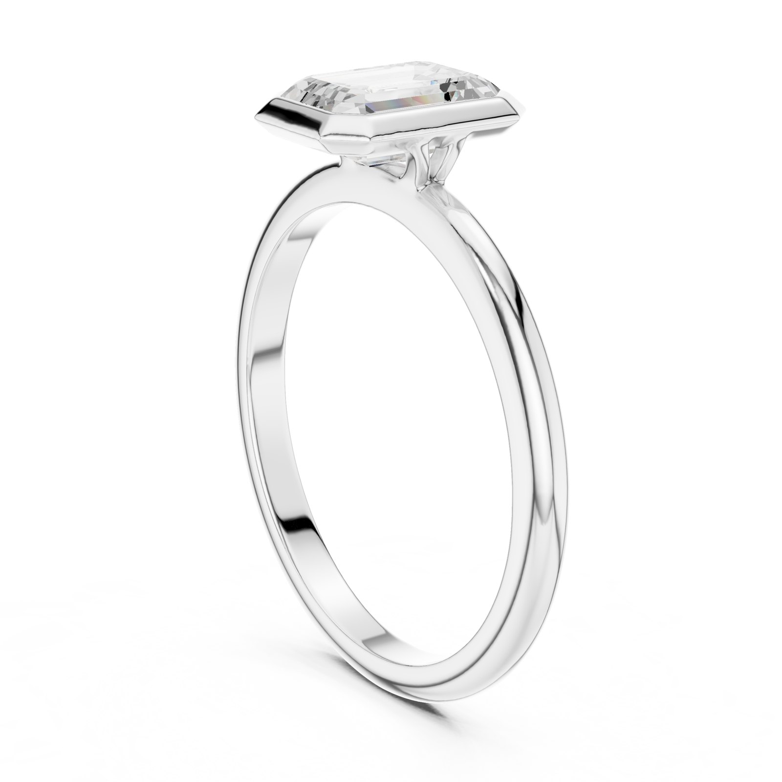 Halle Emerald Cut East-West Bezel Solitaire Ring in white gold