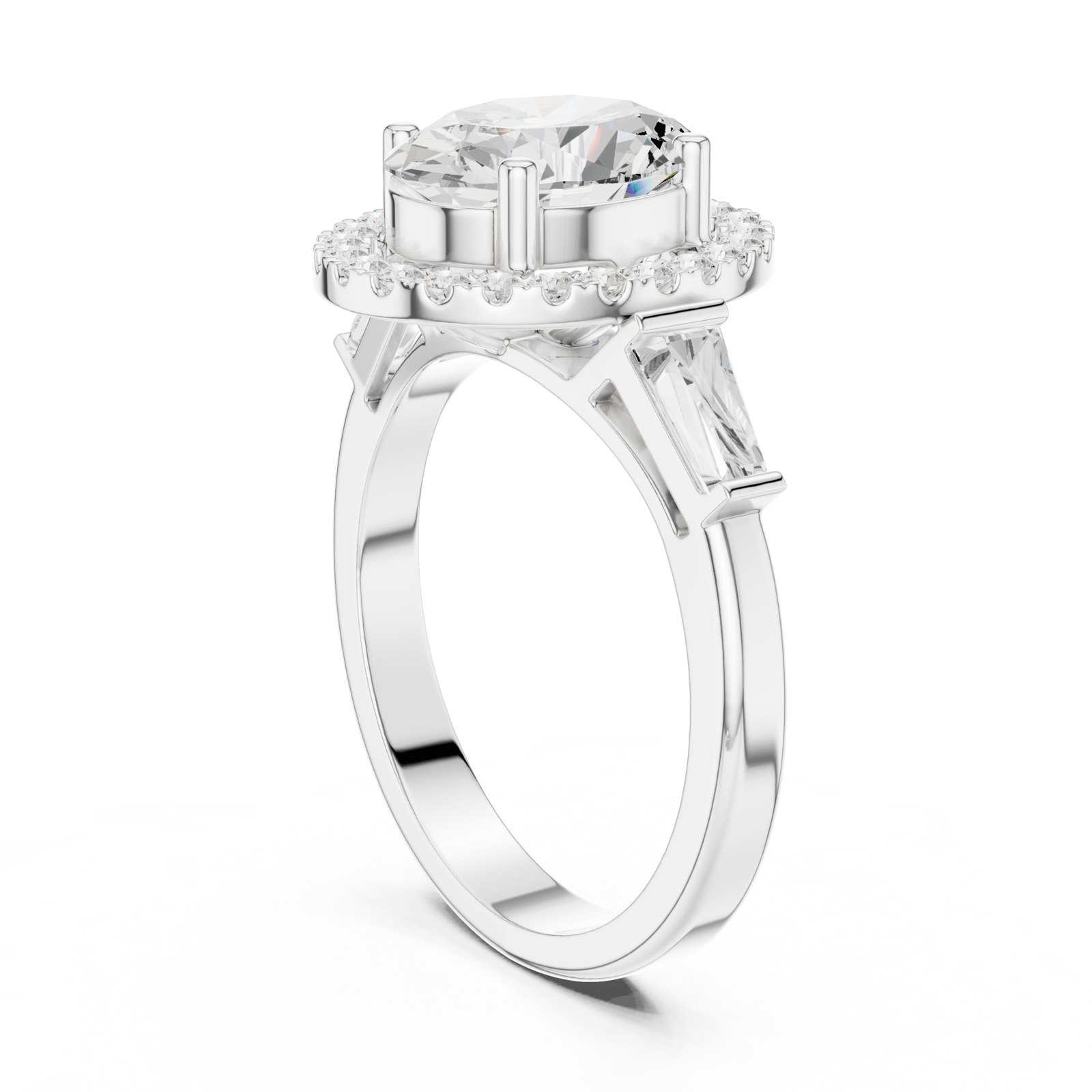 Arabella Oval Halo Engagement Ring with Tapered Baguettes in white gold