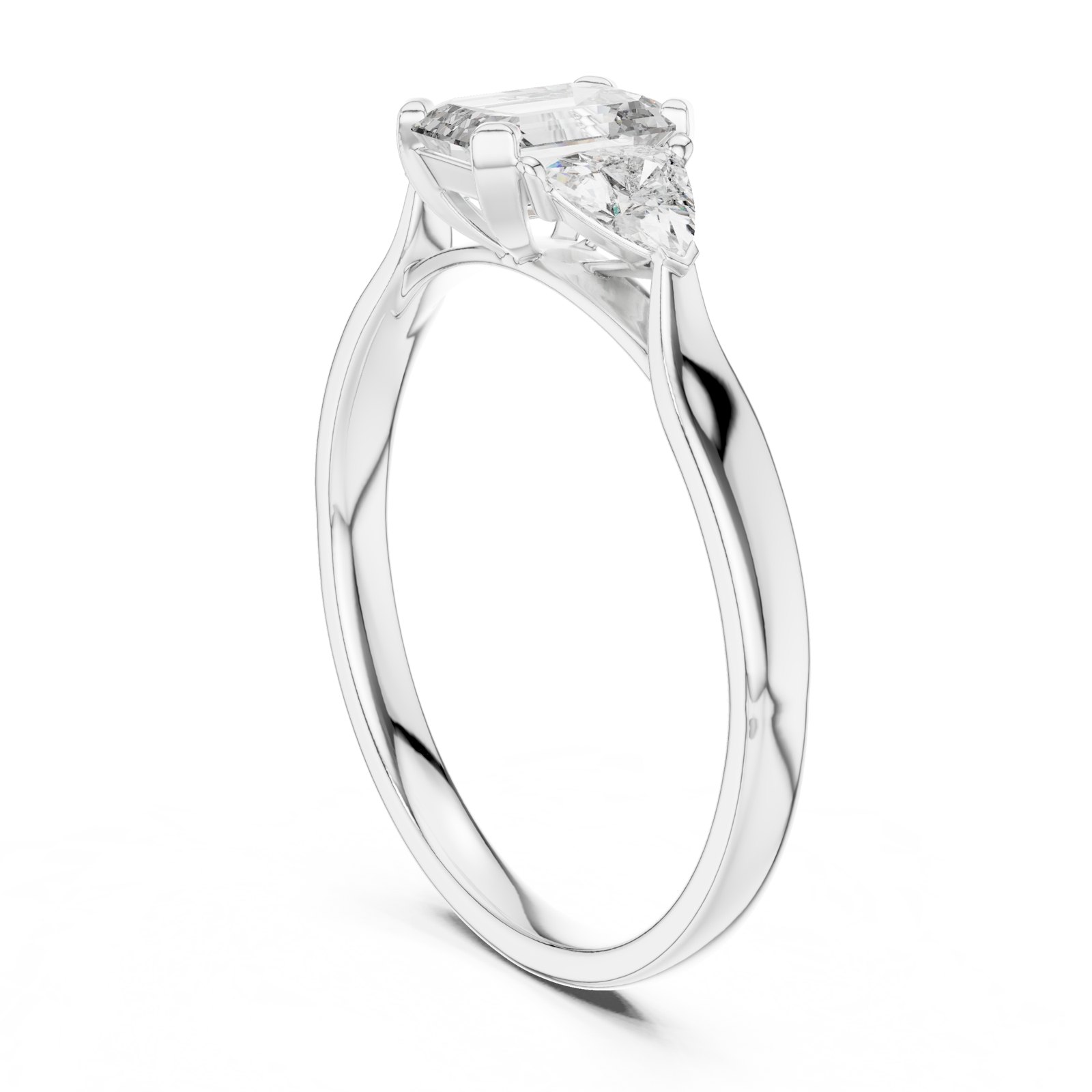 Micaela Emerald Cut Three Stone Ring with Trillion Sides in white gold