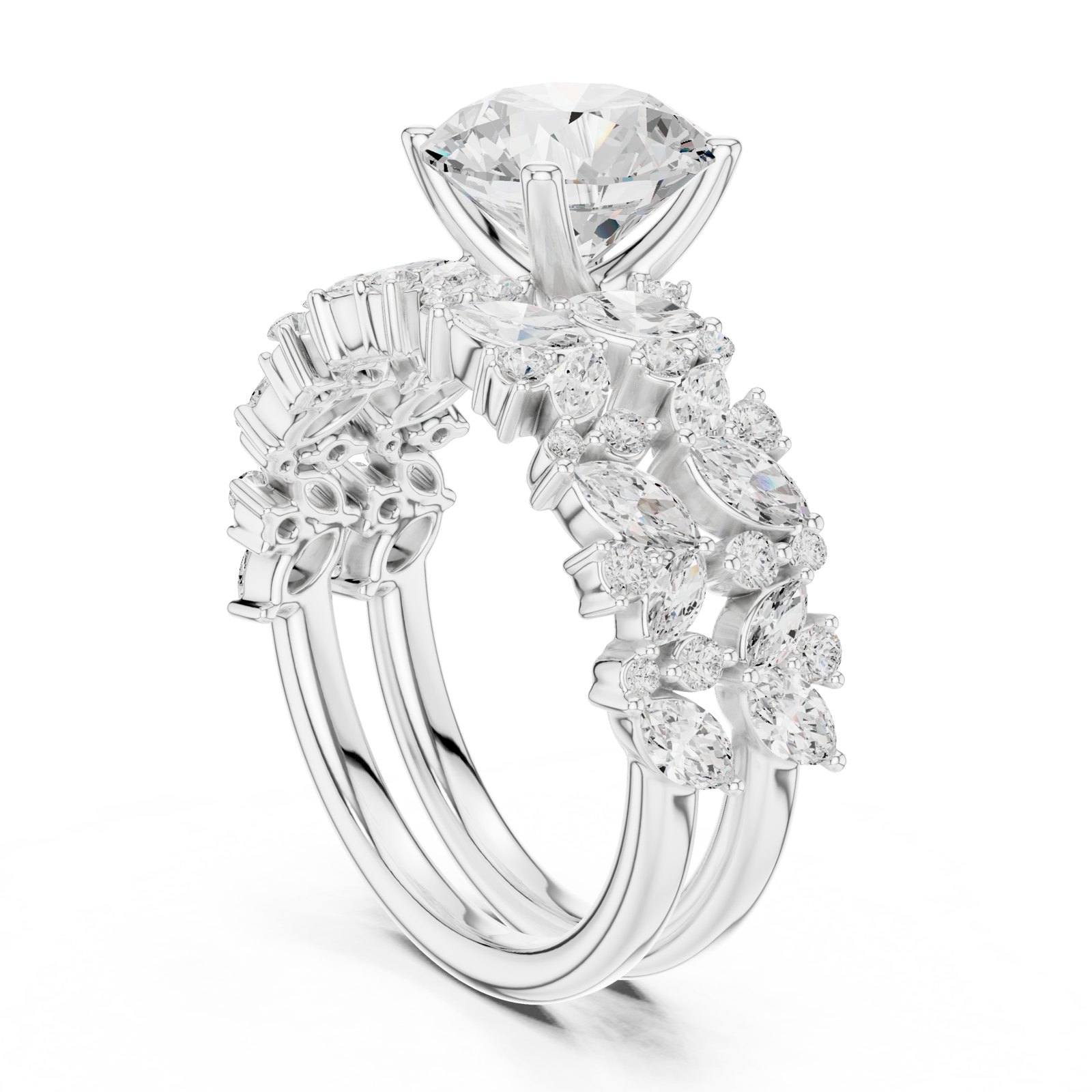 Bibiana Round Engagement Ring with Stacked Marquise Cluster Band in white gold