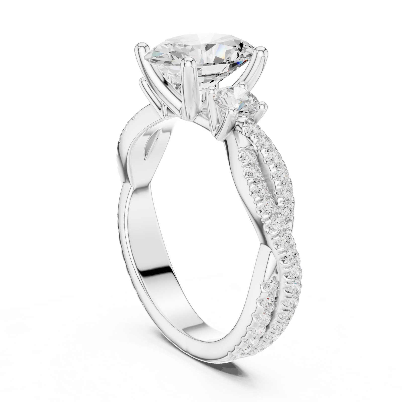Vesna Oval Three Stone Engagement Ring with Twisted Pavé Band in white gold