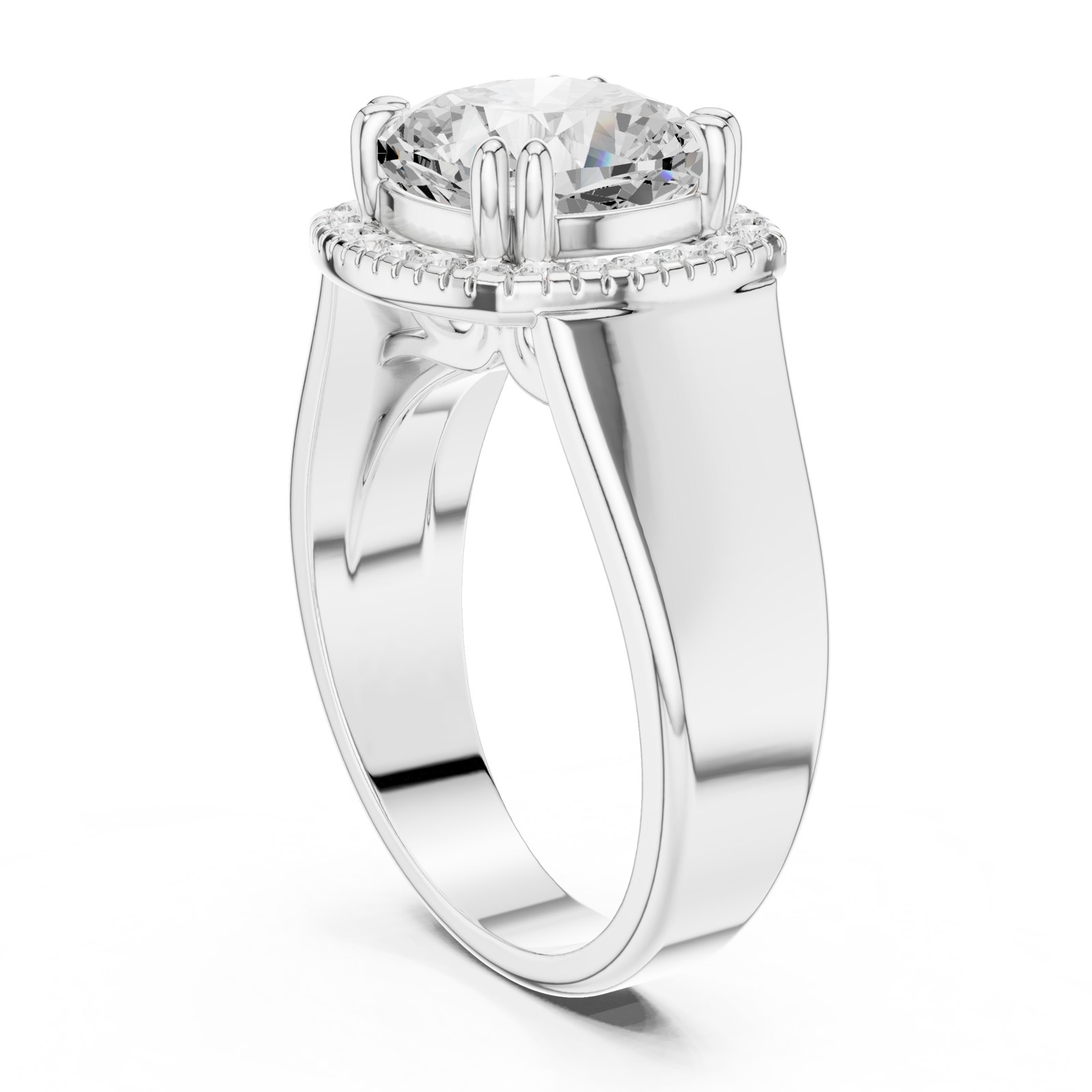 Dunja Cushion Halo Engagement Ring with Bold Tapered Band in white gold