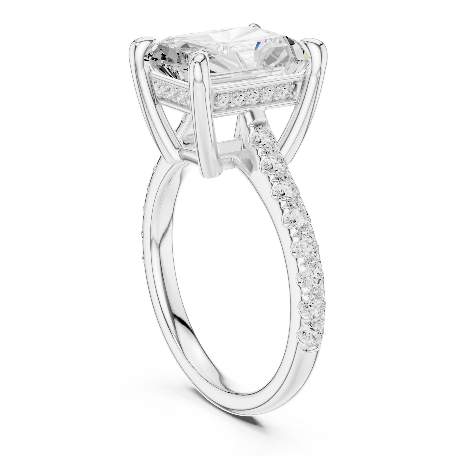 Irene Radiant Hidden Halo Engagement Ring with Pavé Band in white gold