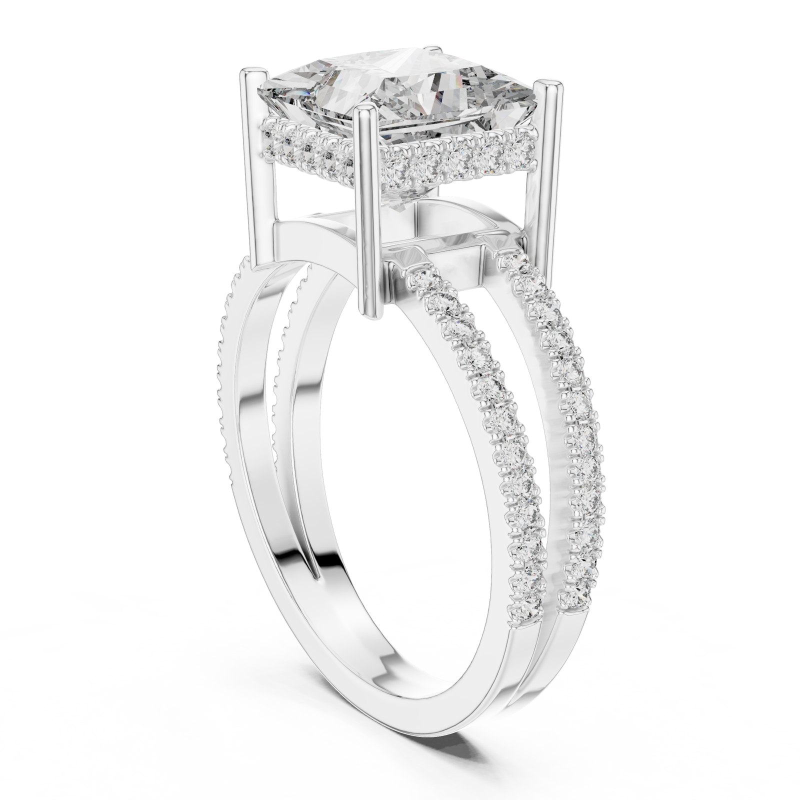 Amara Princess Cut Hidden Halo Split Pavé Engagement Ring in white gold