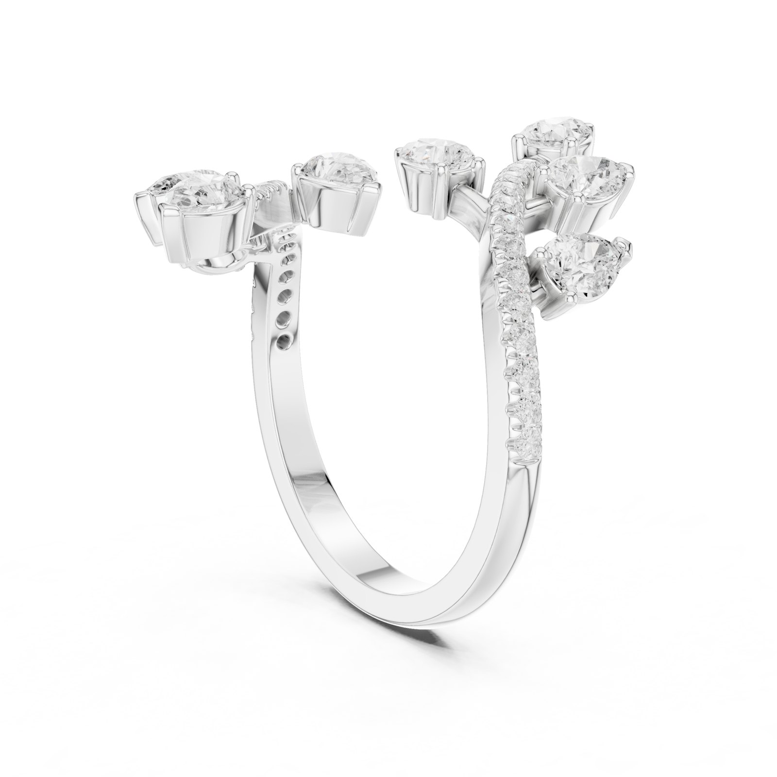Lucienne Open Leaf Vine Pear Bypass Ring in white gold