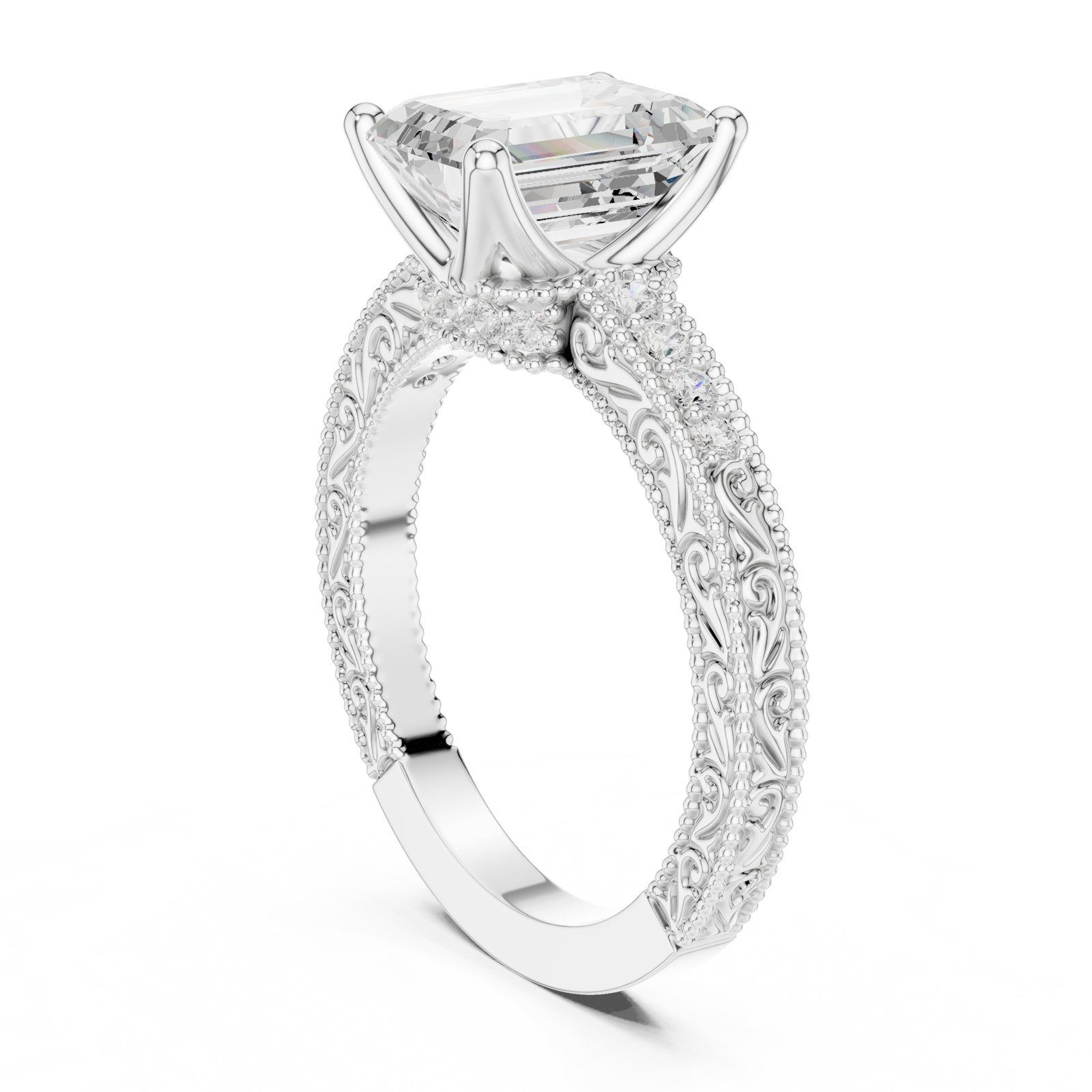 Brita Emerald Cut Vintage Engagement Ring with Engraved Band in white gold