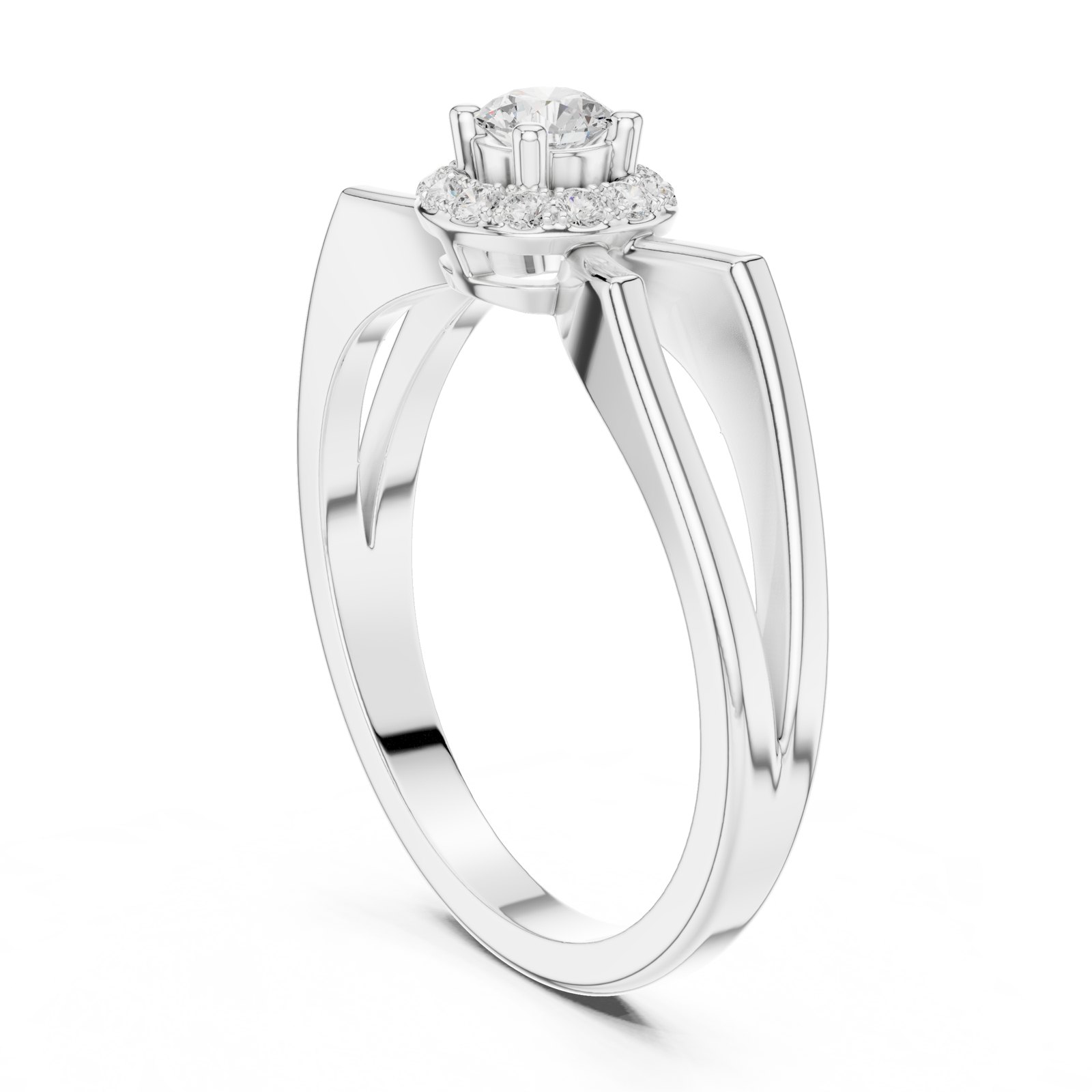 Gunnhild Round Halo Engagement Ring with Split Flat Shank in white gold