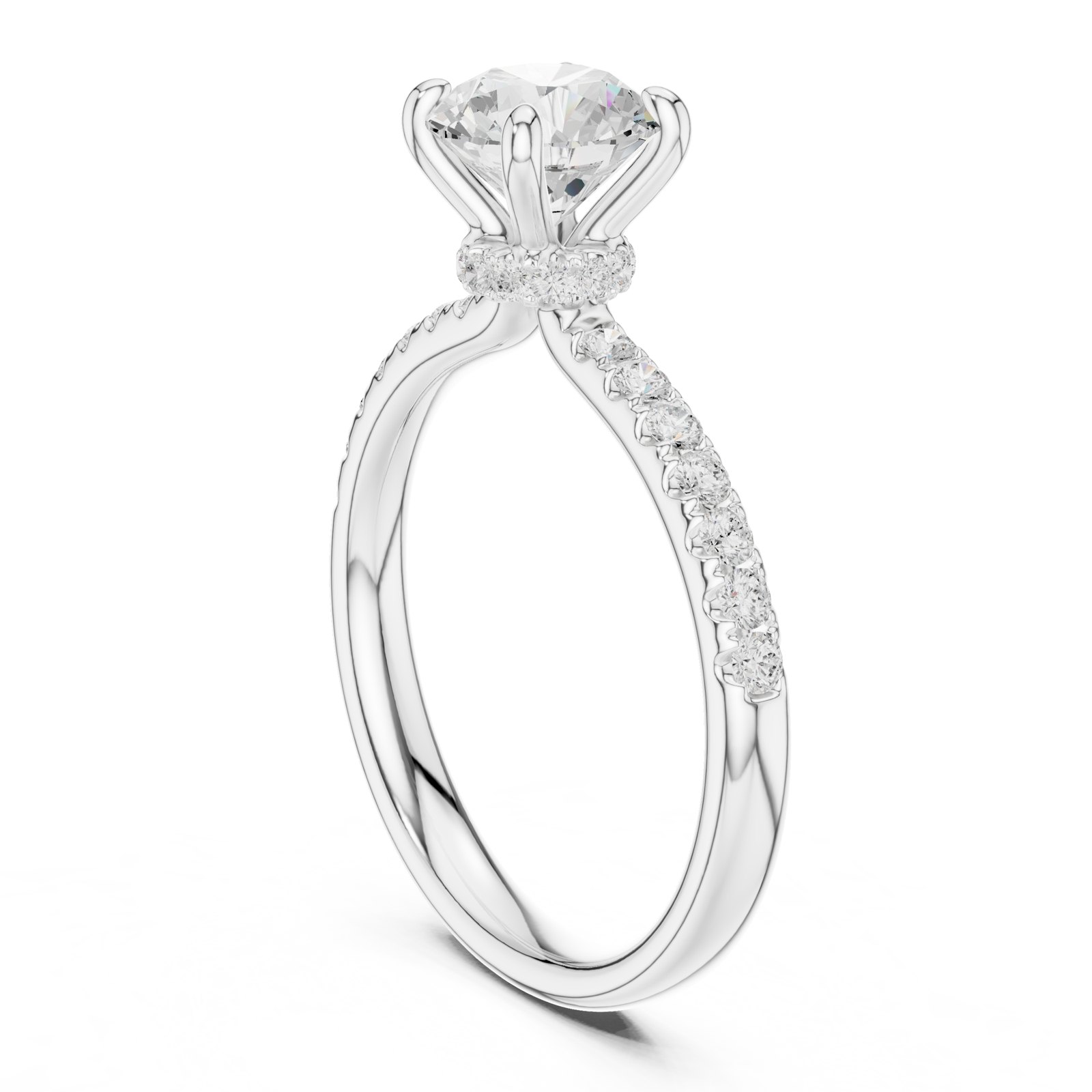 Clarice Round Hidden Halo Engagement Ring with Pavé Band in white gold