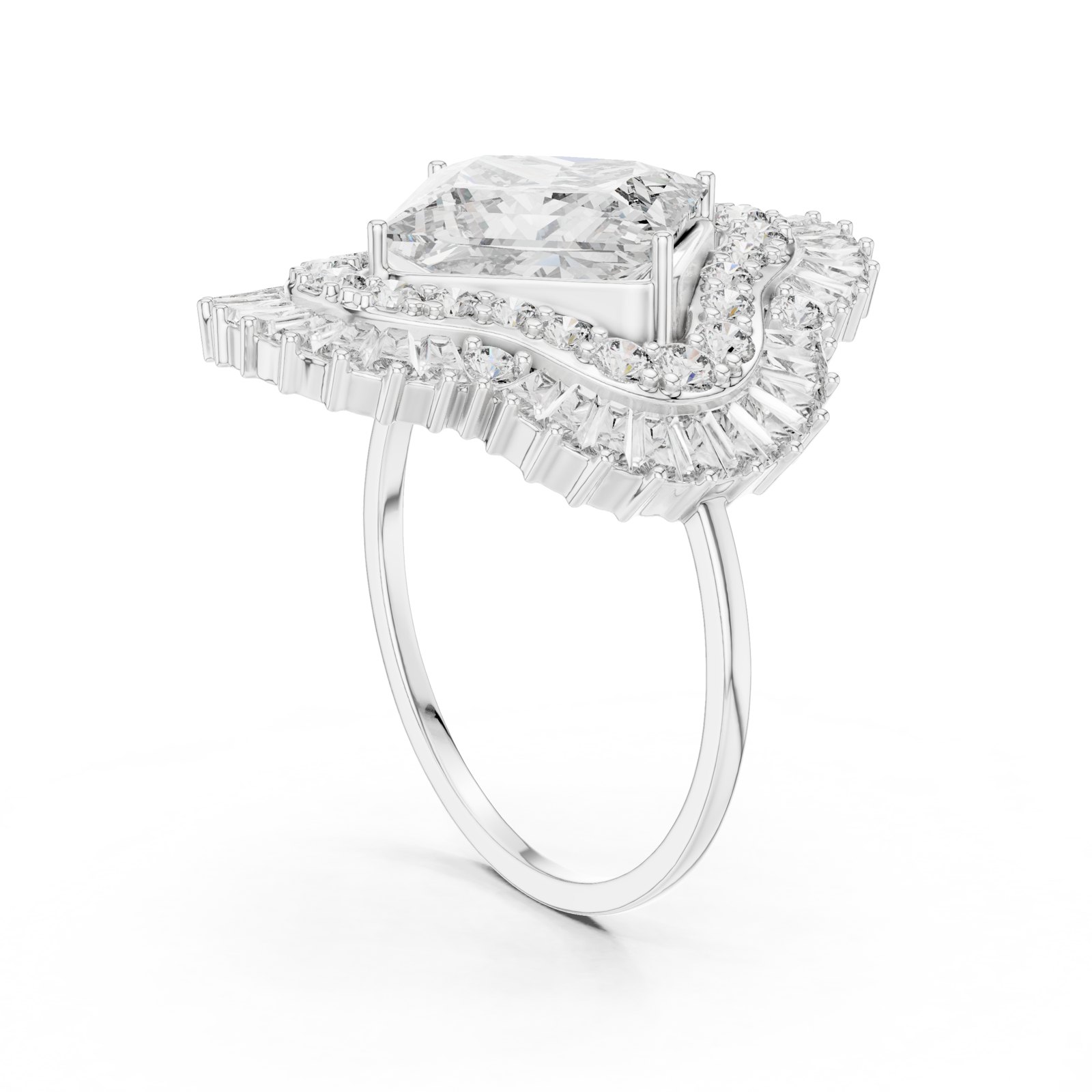 Cassandra Princess Cut Double Halo Cocktail Ring with Baguettes in white gold