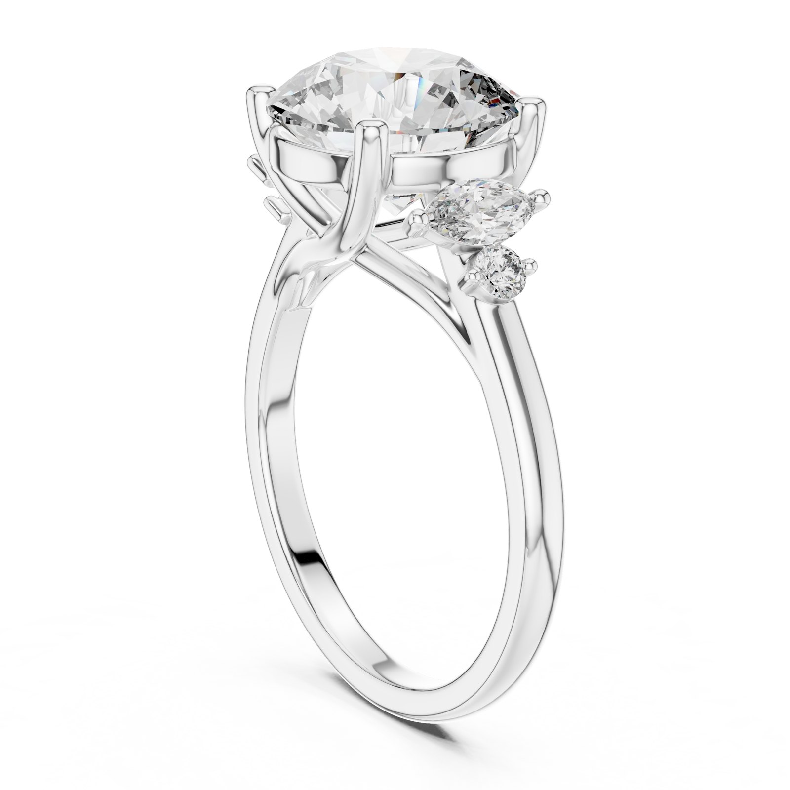 Gina Round Three Stone Engagement Ring with Marquise Sides in white gold