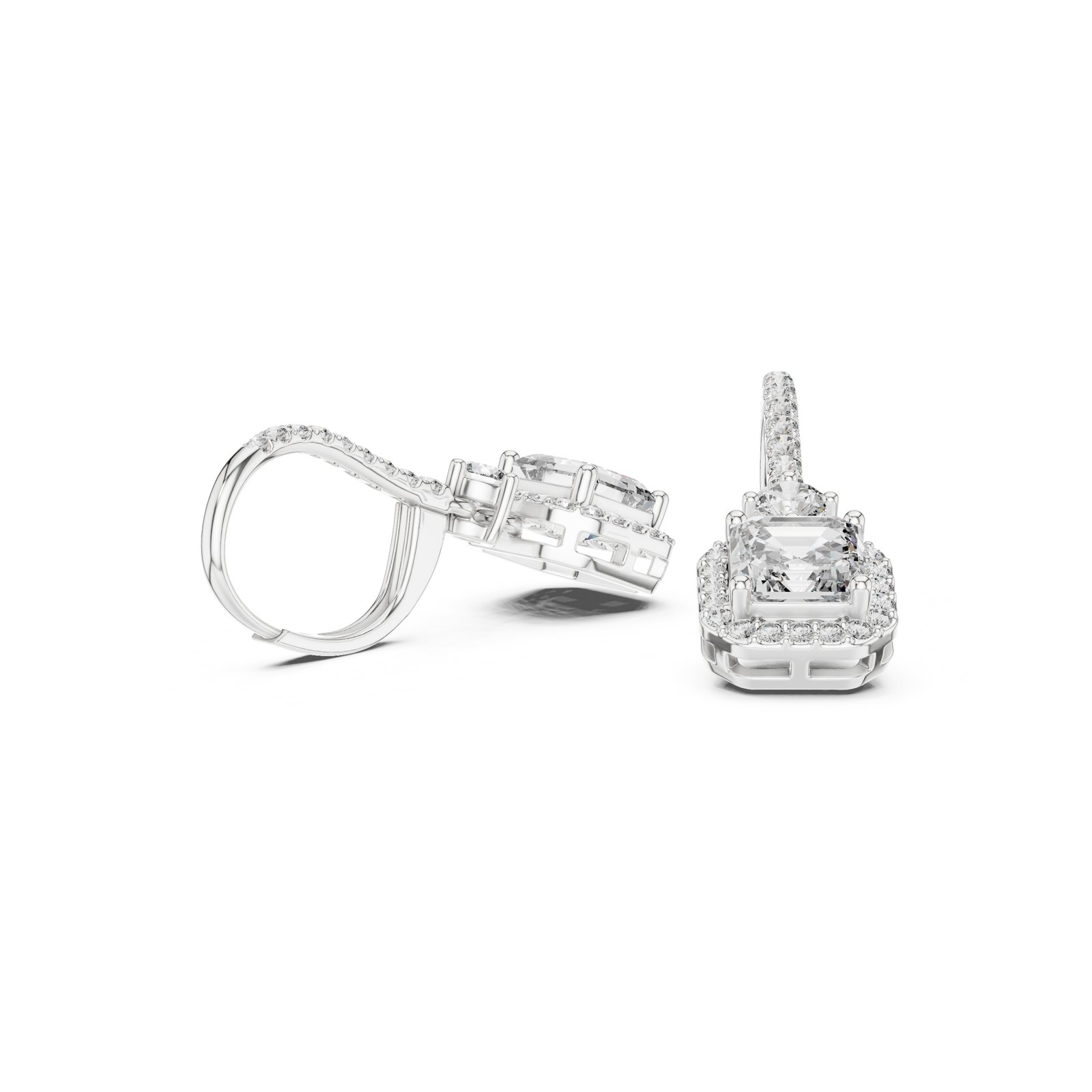 Eloria Asscher Cut Halo Leverback Drop Earrings in white gold