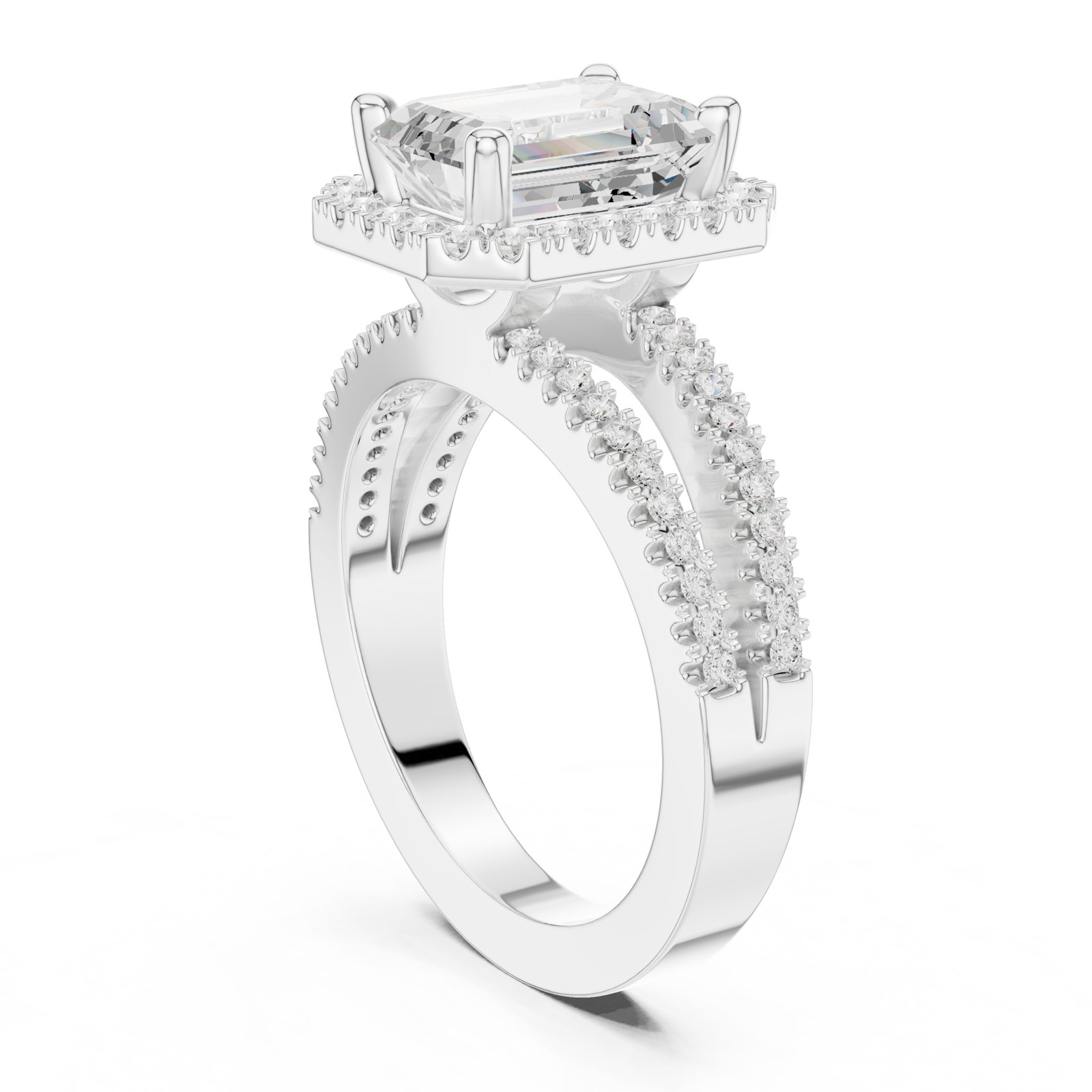 Mariana Emerald Cut Halo Split Shank Engagement Ring in white gold