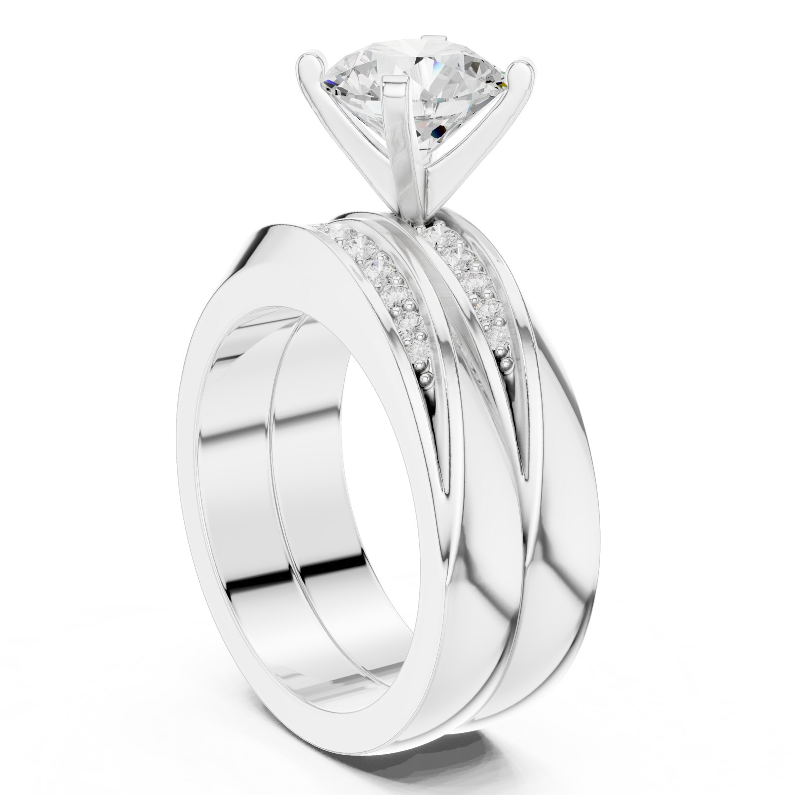 Garance Round Solitaire Engagement Ring Set with Contoured Band in white gold
