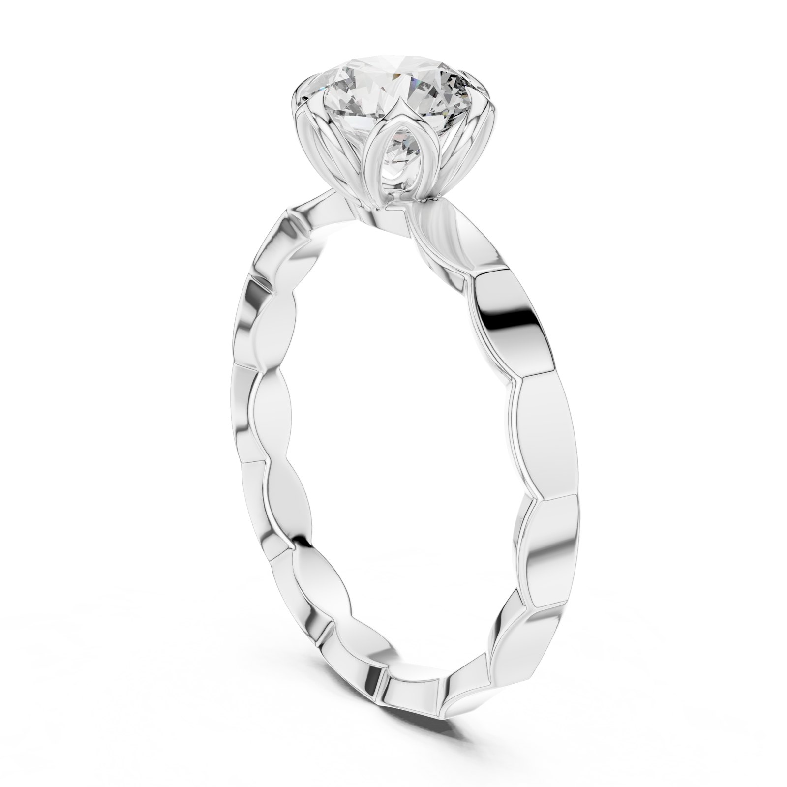 Aelia Round Solitaire Engagement Ring with Scalloped Band in white gold
