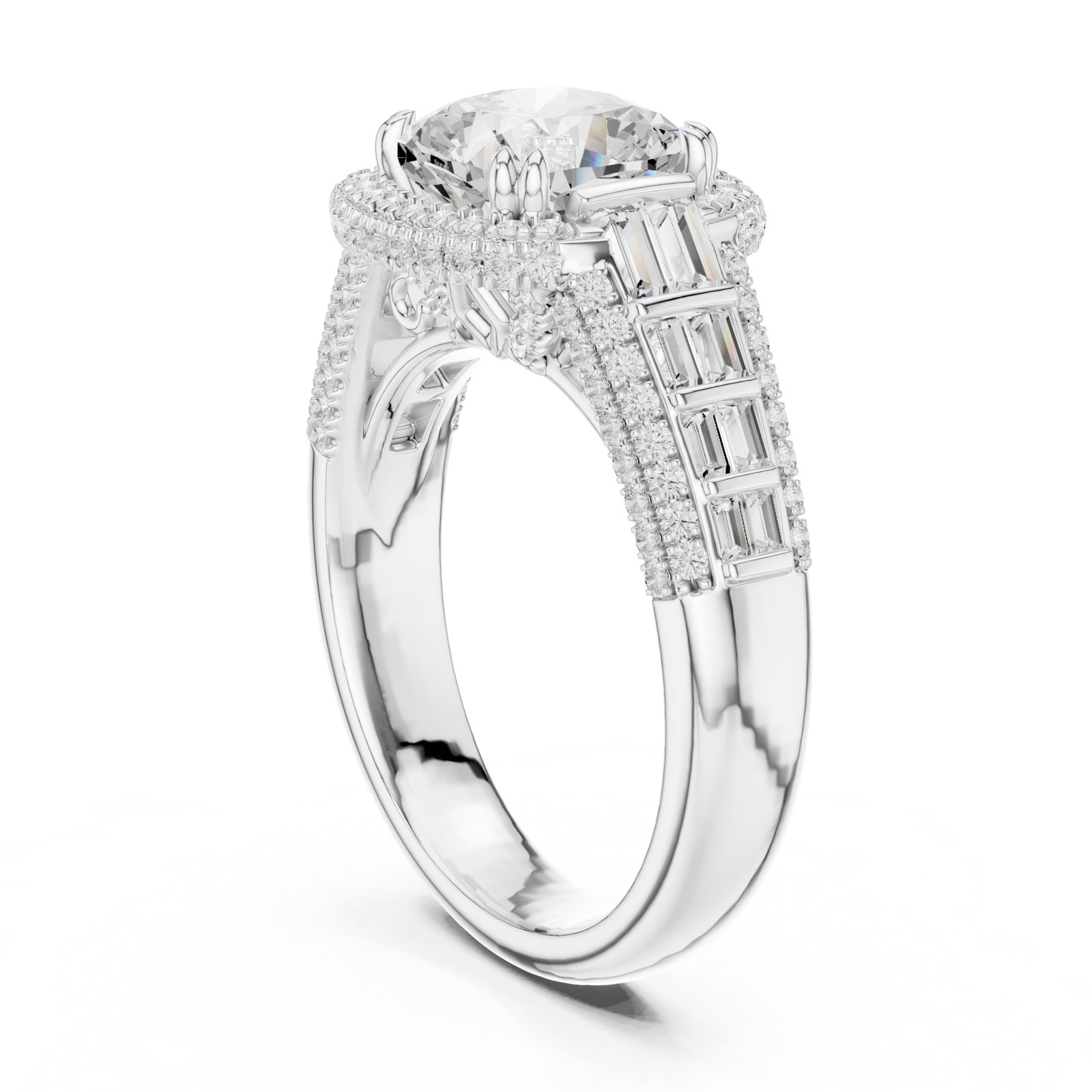 Ottavia Cushion Halo Engagement Ring with Baguette Shoulders in white gold