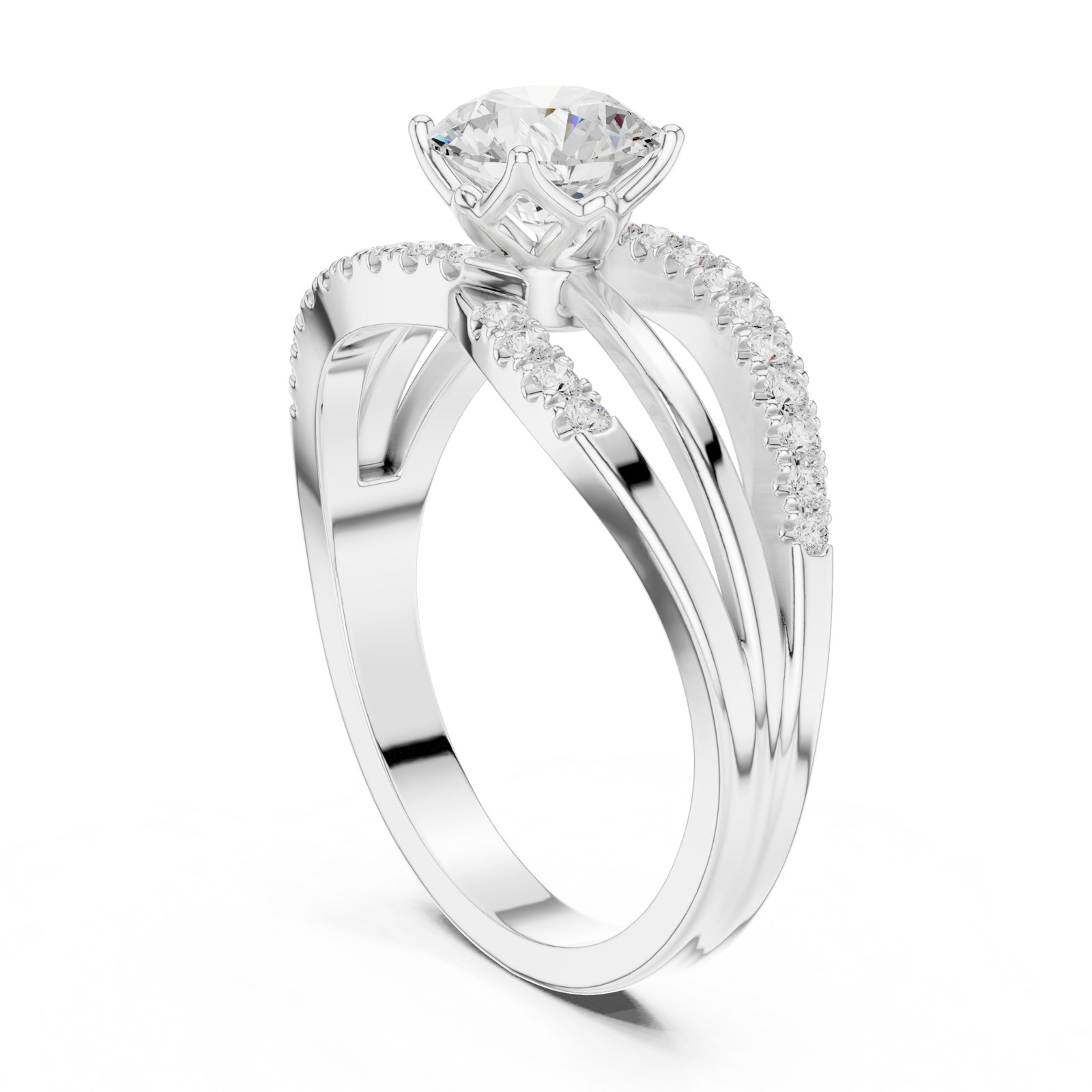 Brielle Round Crossover Engagement Ring with Pavé Bands in white gold