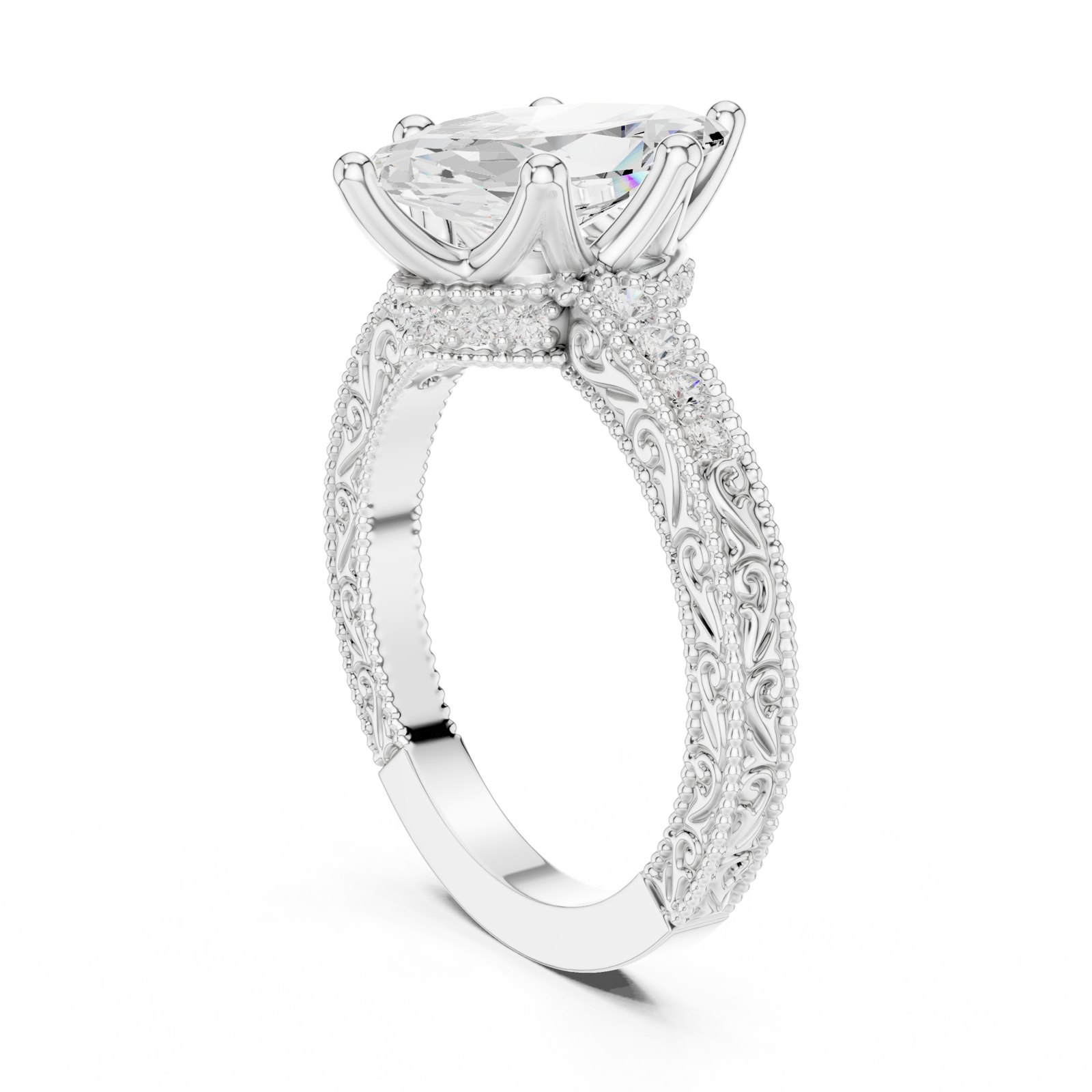 Brita Marquise Vintage Engagement Ring with Engraved Band in white gold