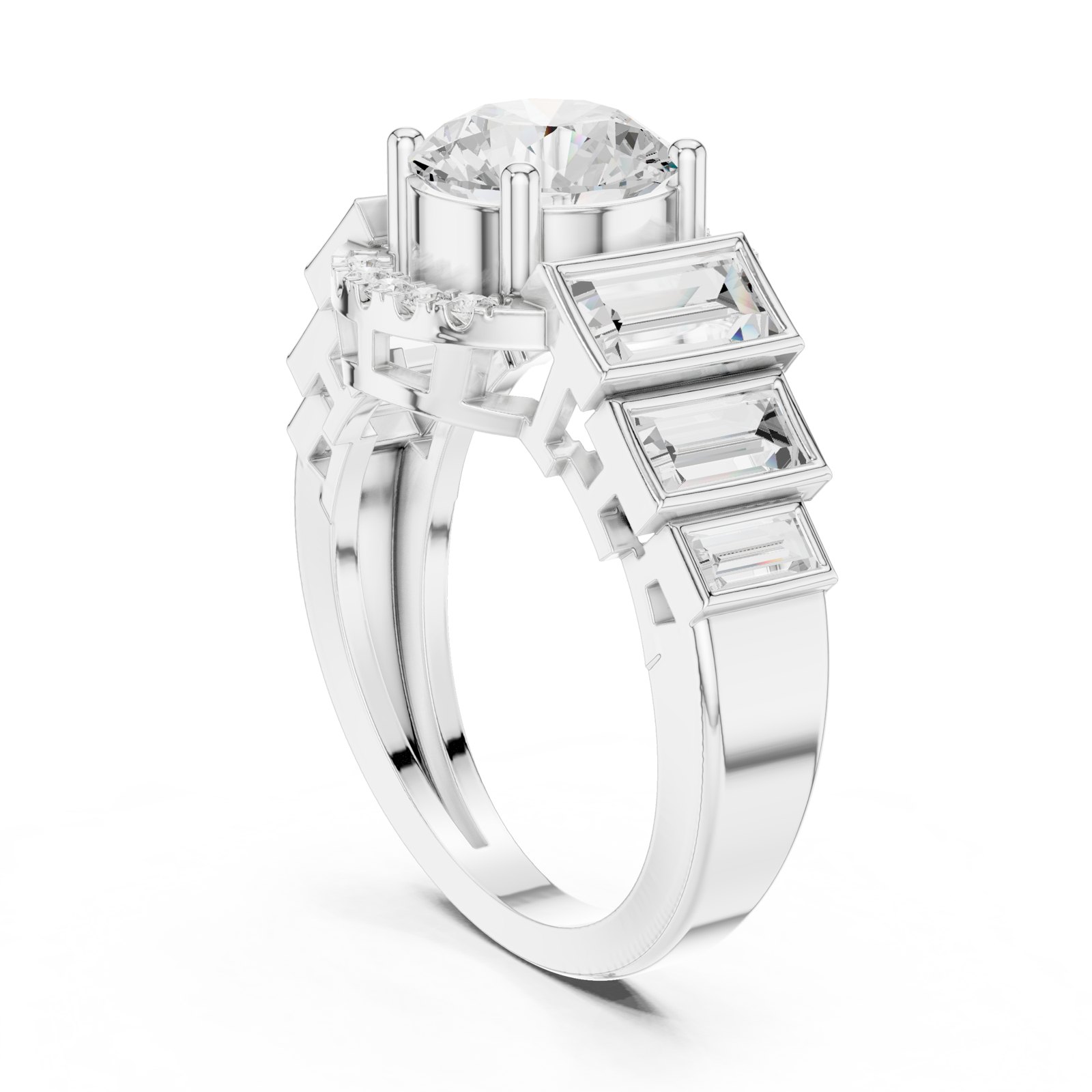 Fabiola Round Engagement Ring with Stepped Baguette Side Stones in white gold
