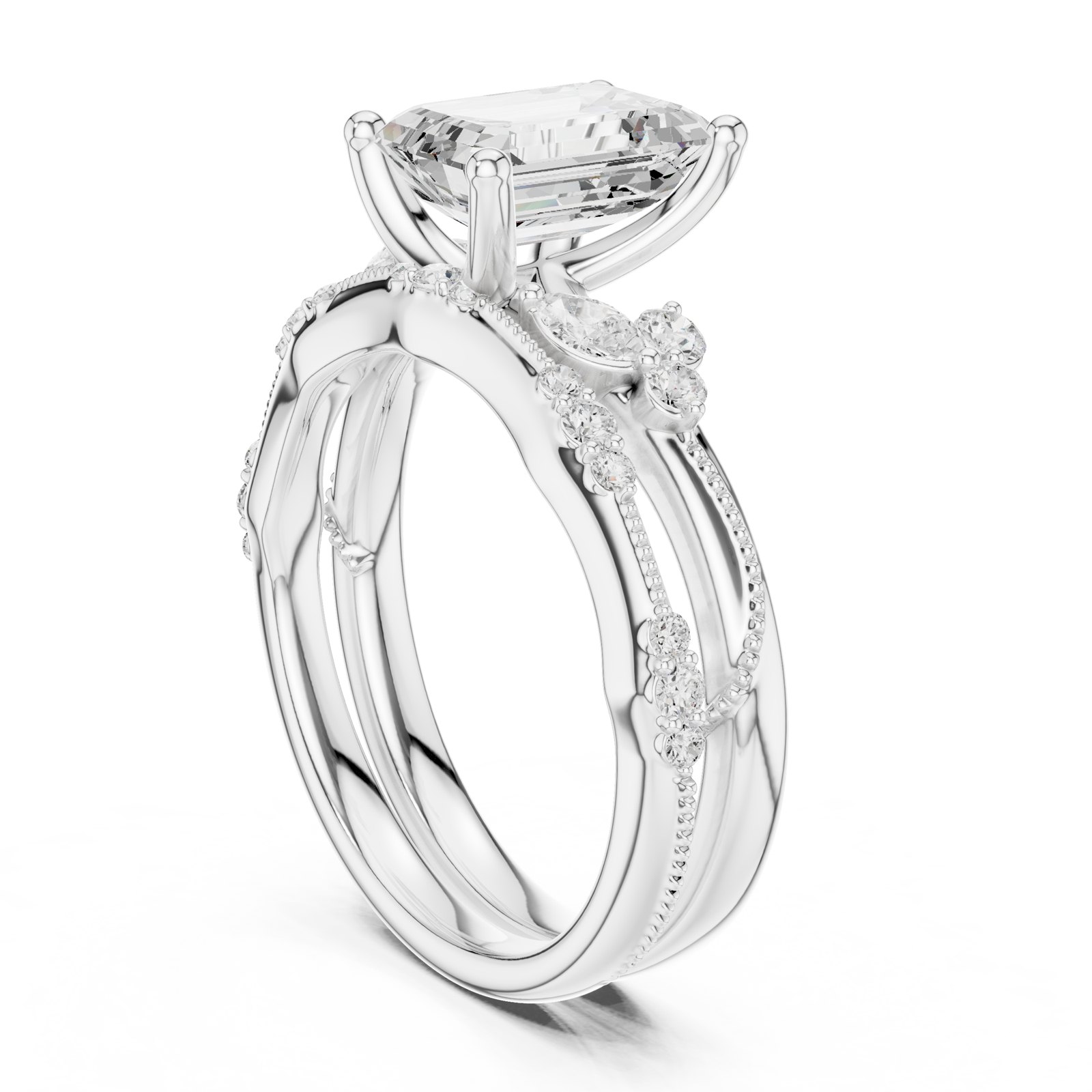 Georgette Emerald Cut Botanical Engagement Ring with Leaf Accents in white gold
