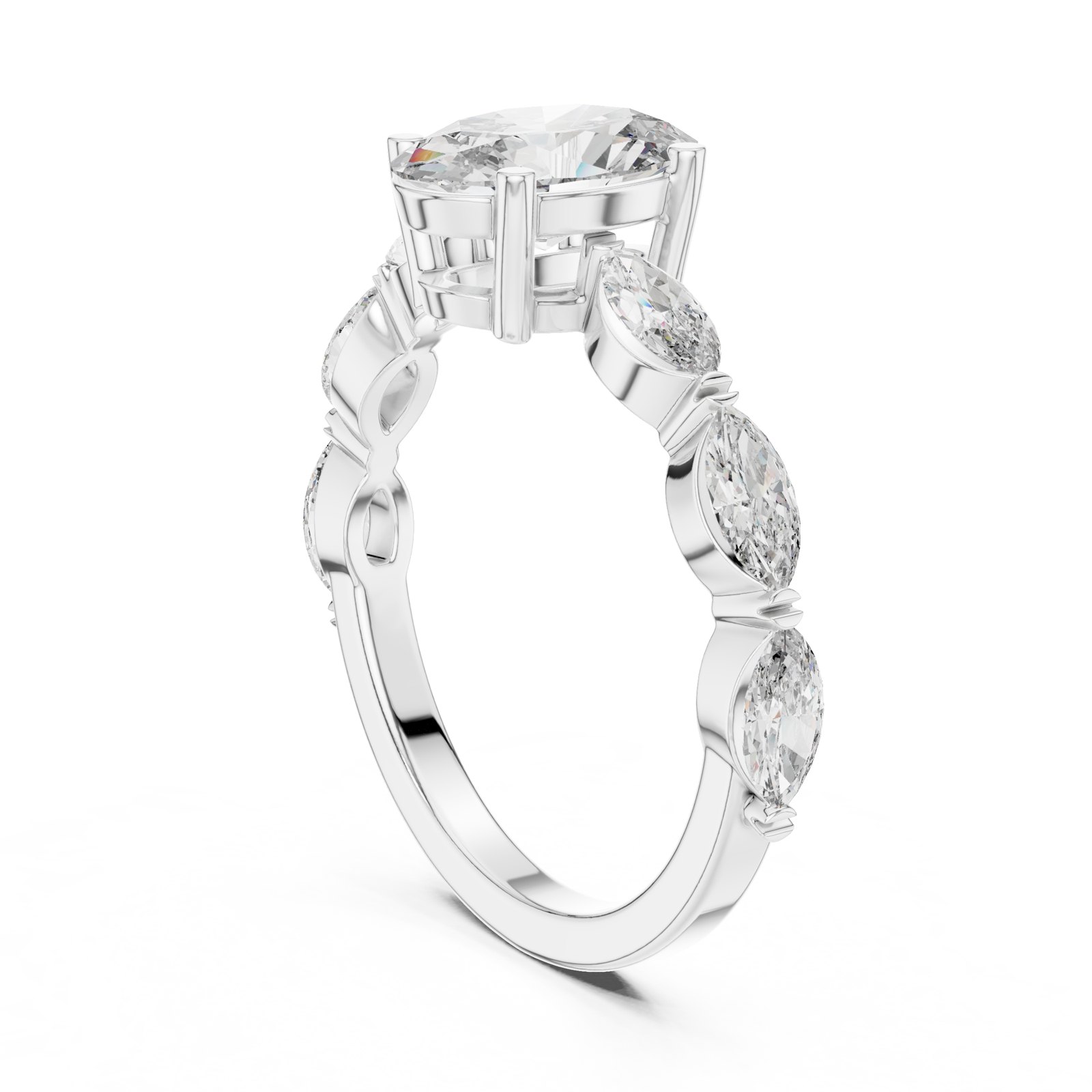 Flaminia Oval Solitaire Engagement Ring with Marquise Side Stones in white gold