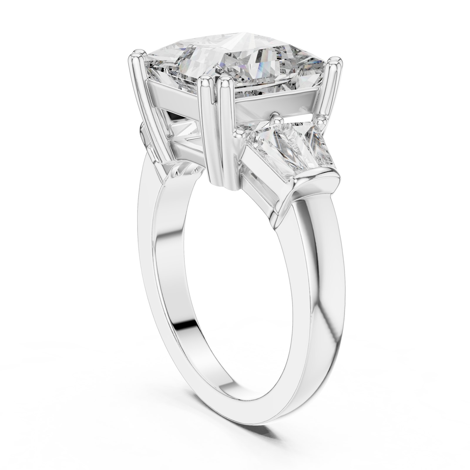 Marlowe Princess Cut Three Stone Ring with Tapered Baguettes in white gold