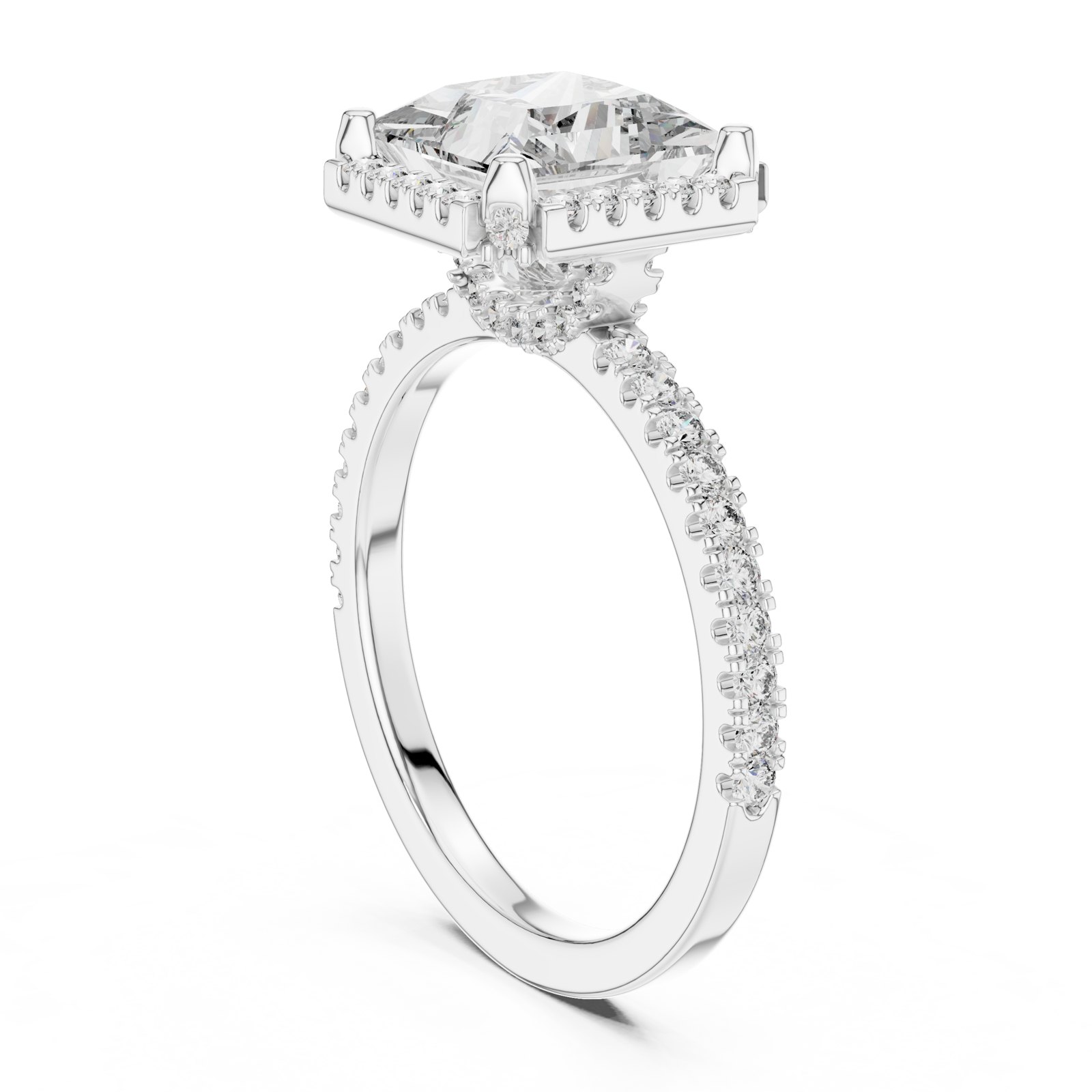 Cordula Princess Cut Halo Engagement Ring with Pavé Band in white gold