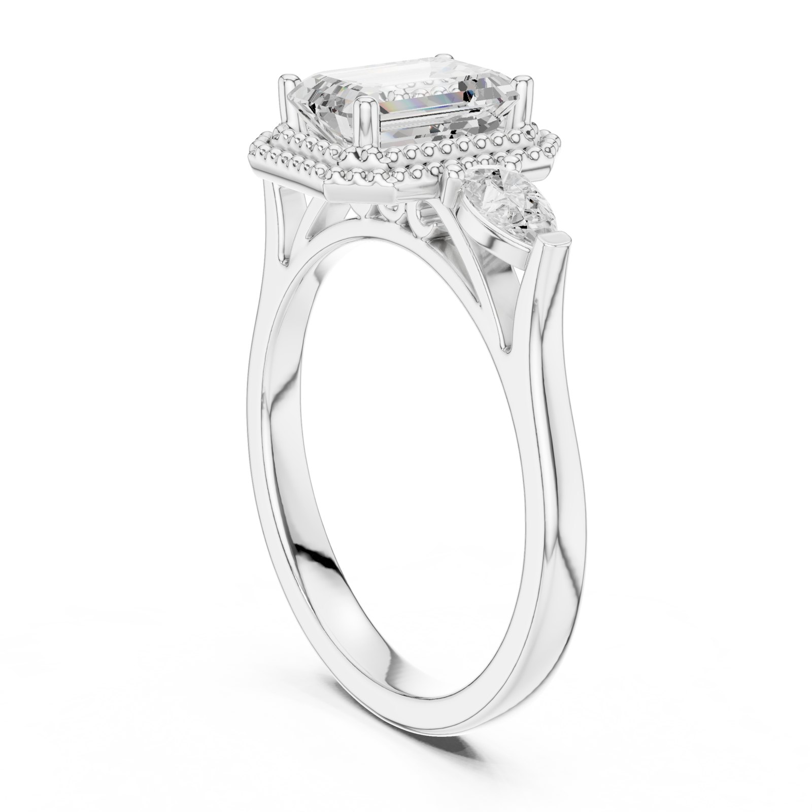 Erica Emerald Cut Halo Engagement Ring with Pear Side Stones in white gold