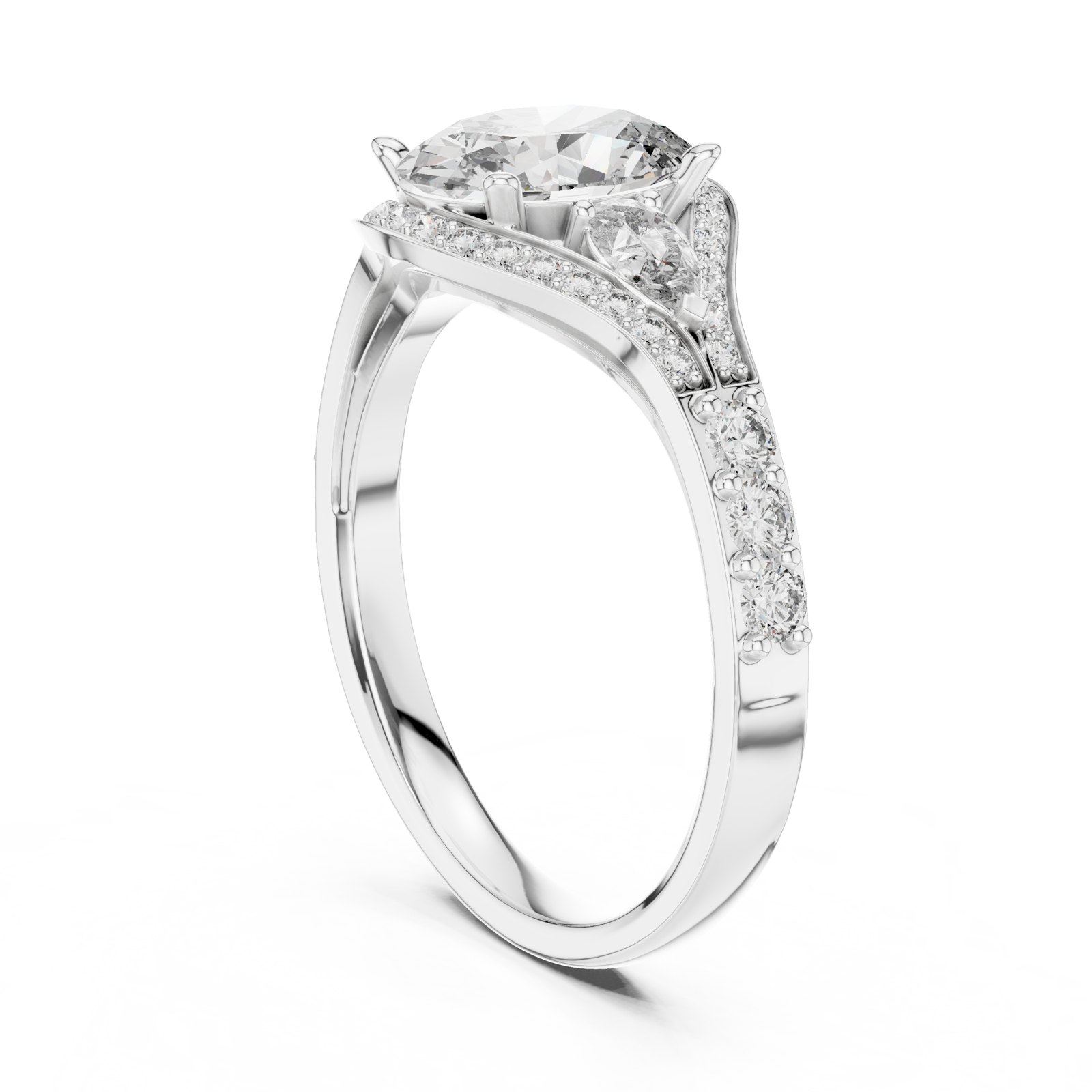 Myra Oval Three Stone Ring with Pavé Split Shank in white gold