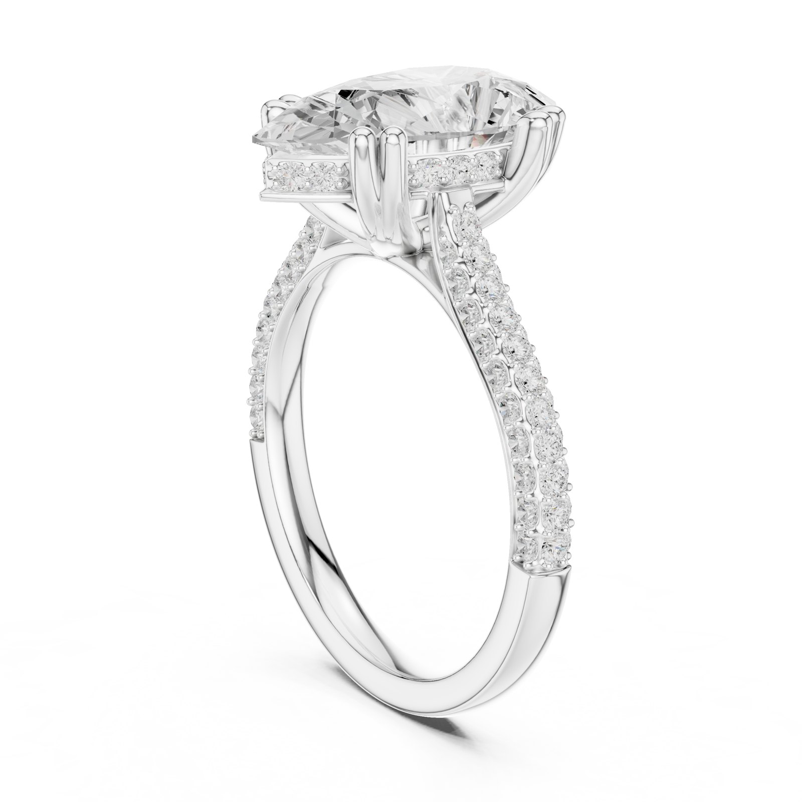 Ingrid Pear Hidden Halo Ring with Wide Pavé Band in white gold