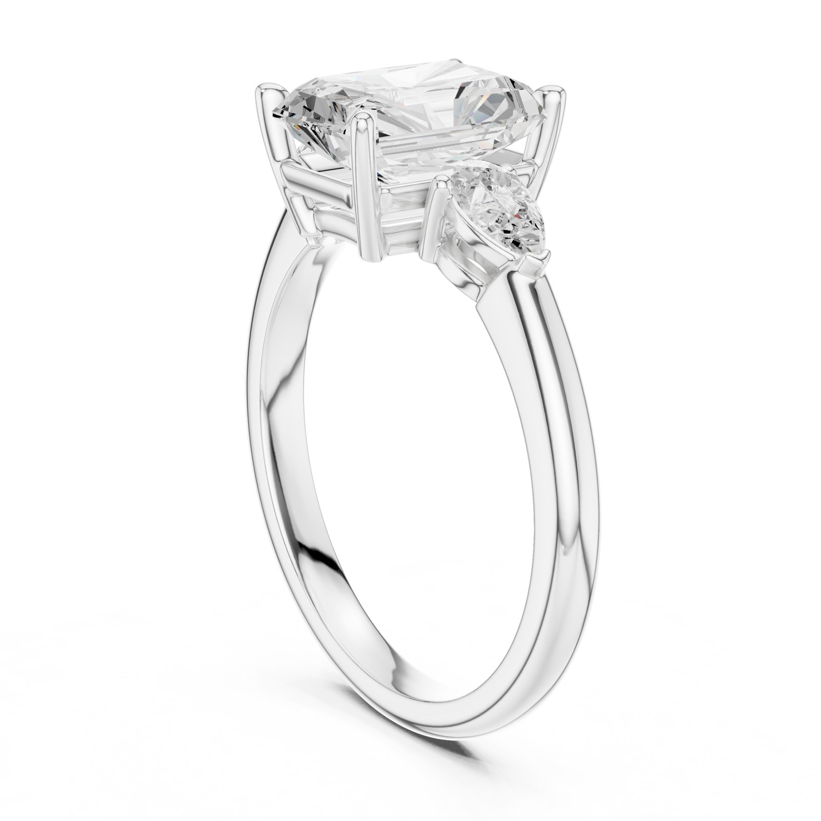 Iole Radiant Three Stone Engagement Ring with Pear Side Stones in white gold