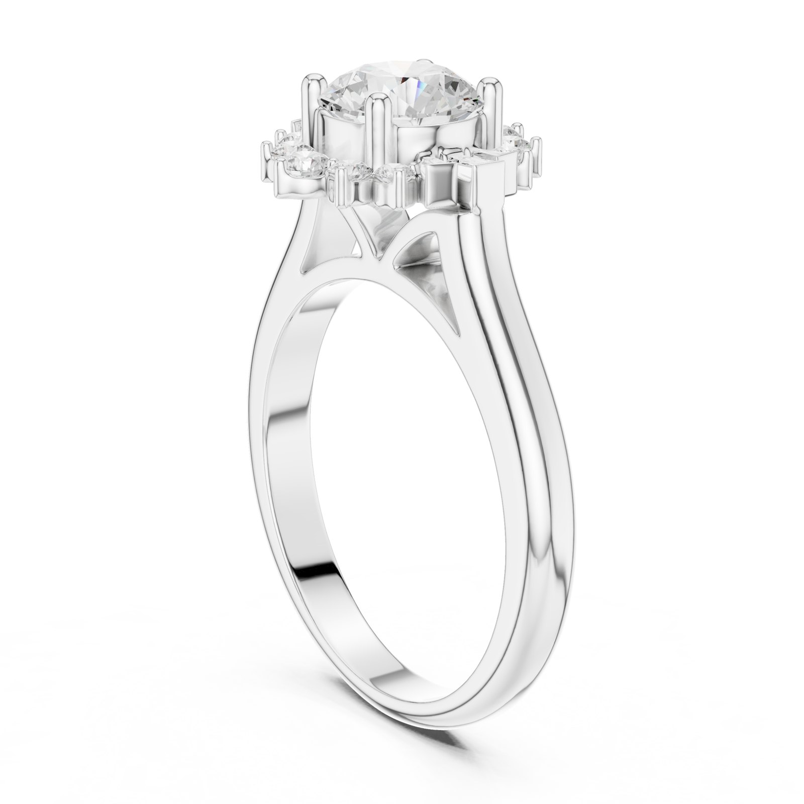 Rosanna Round Floral Halo Cathedral Engagement Ring in white gold