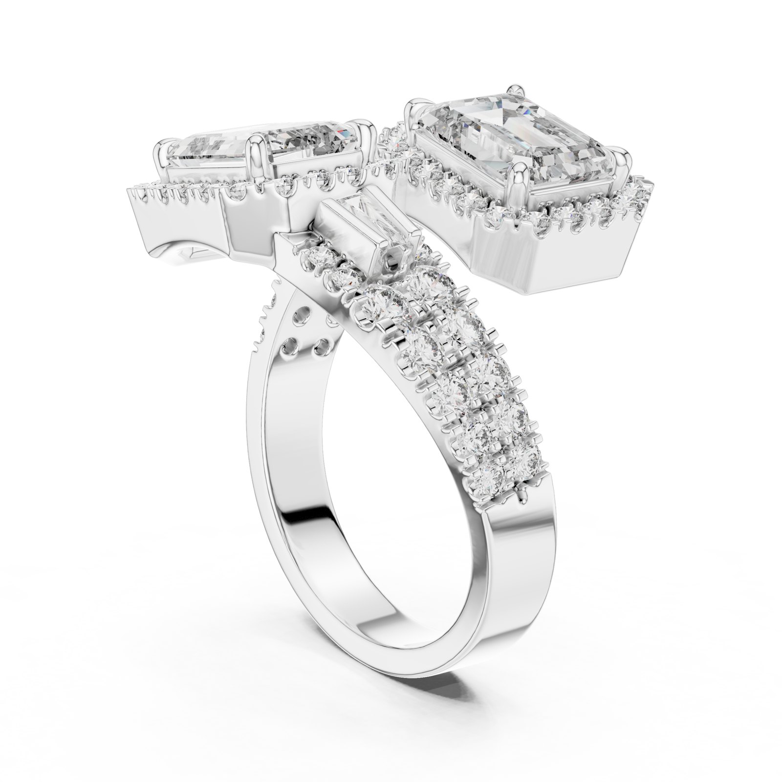 Thea Emerald Cut Toi Et Moi Ring with Halos and Pavé Band in white gold