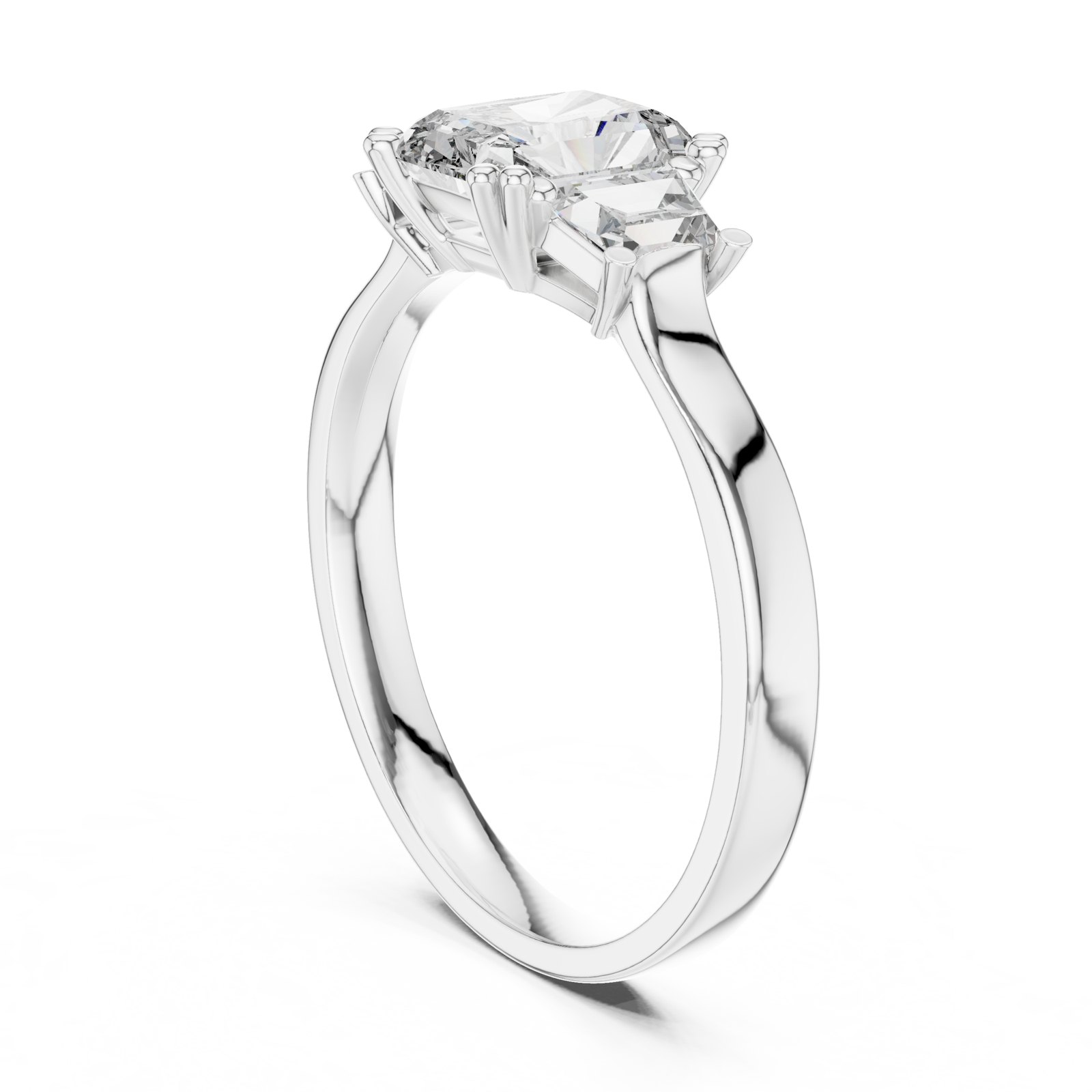Gracia Radiant Three Stone Engagement Ring with Tapered Baguettes in white gold