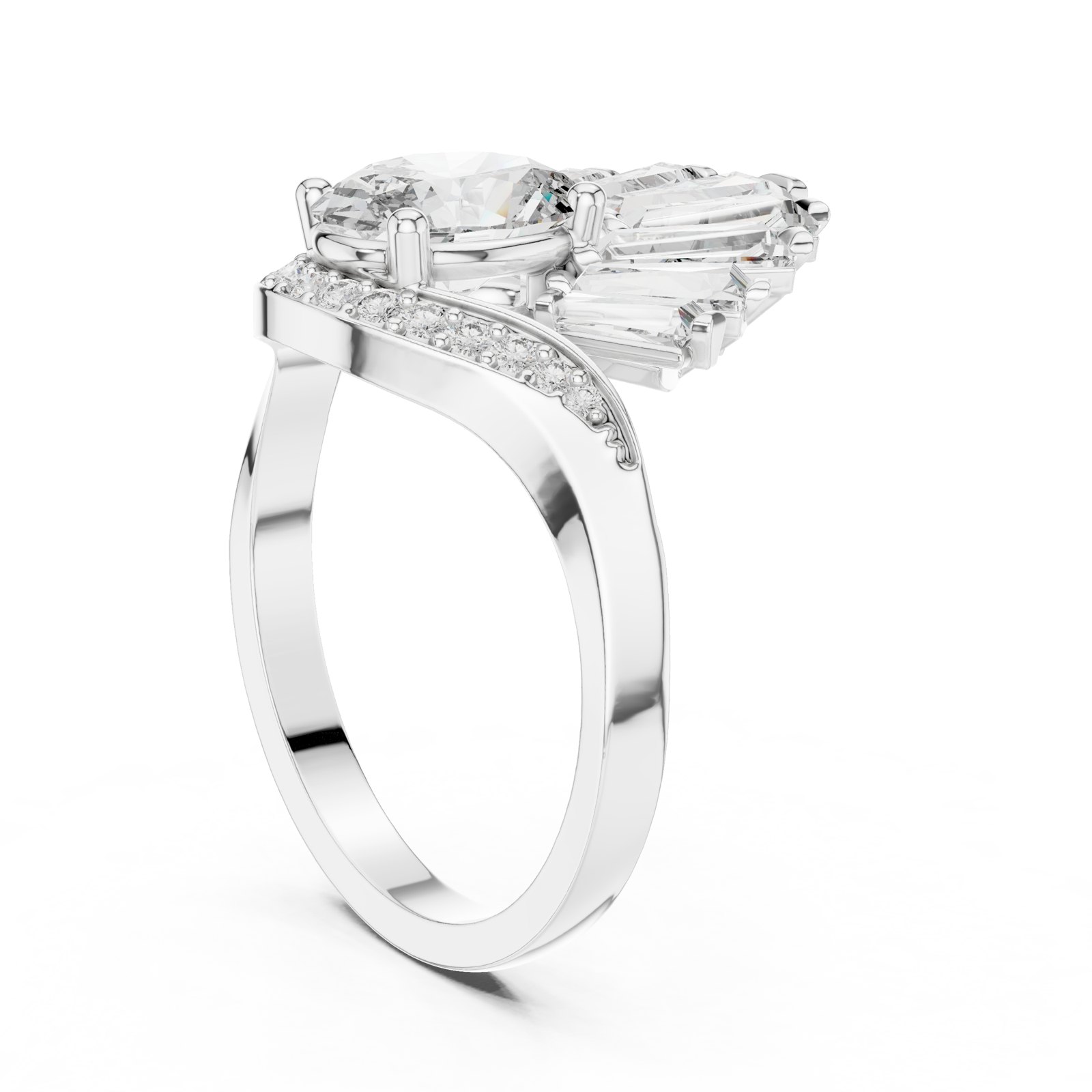 Chantal Oval and Baguette Fan Cocktail Ring in white gold