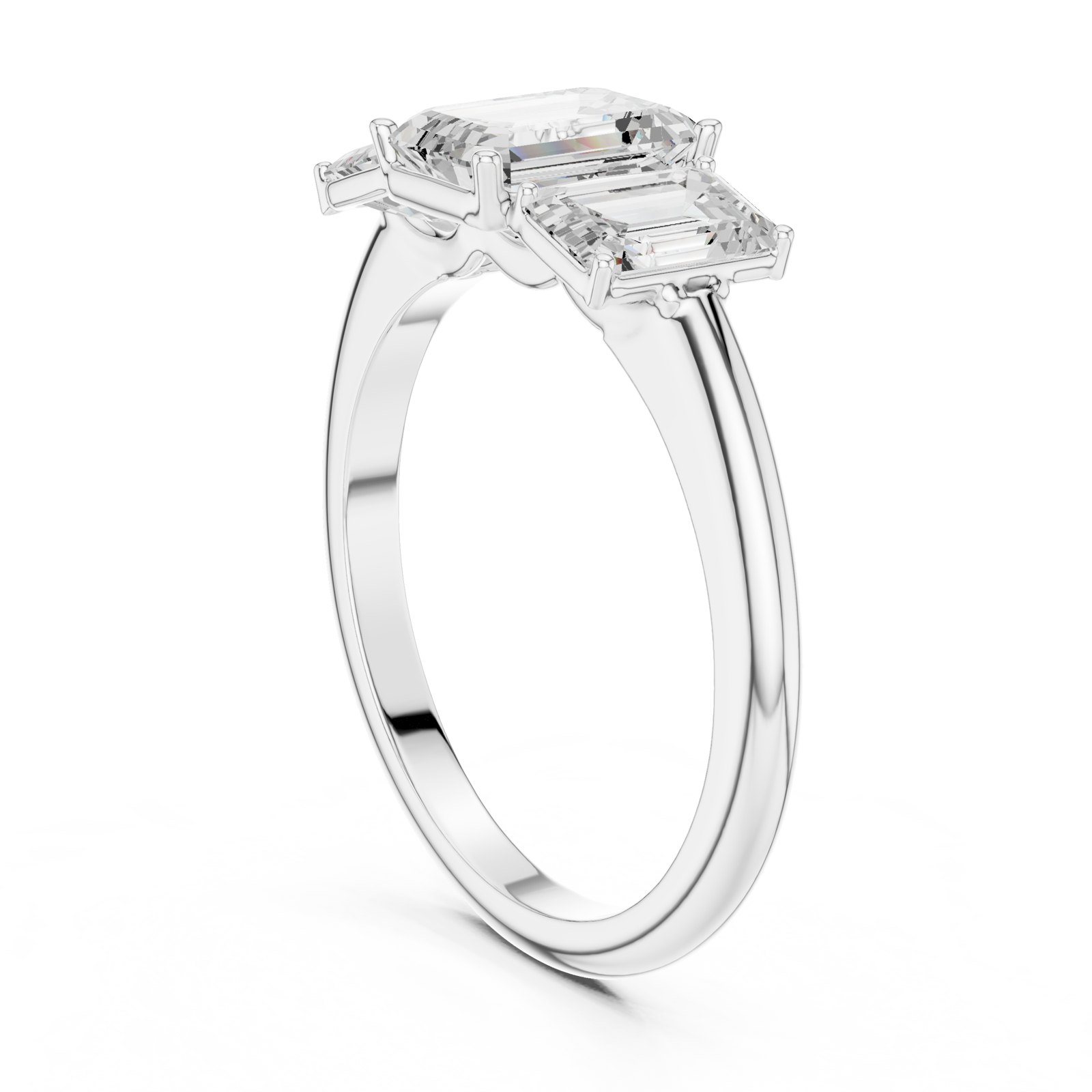 Roma Emerald Cut Three Stone Engagement Ring in white gold