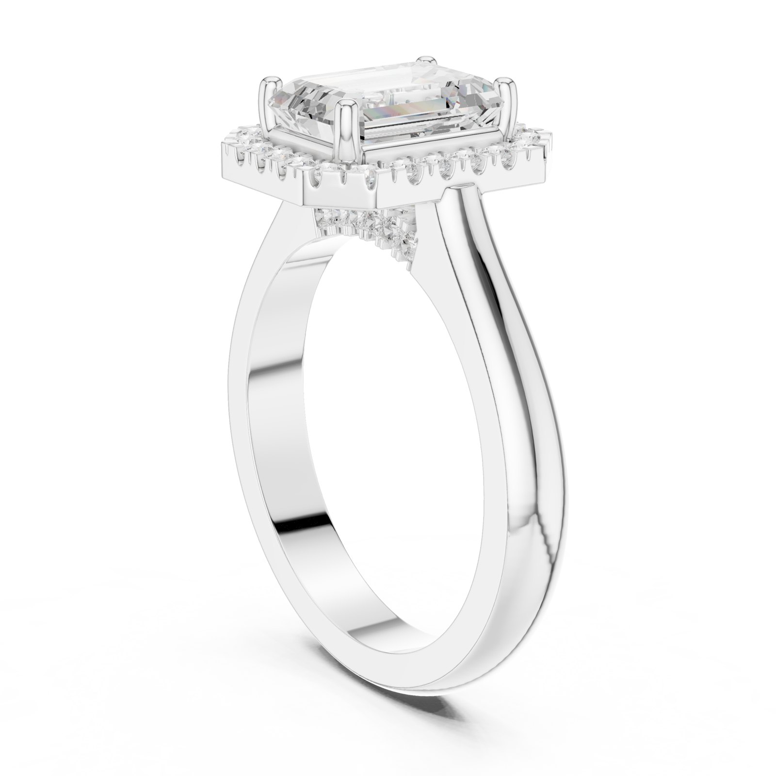 Anya Emerald Cut Halo Engagement Ring with Split Shank in white gold