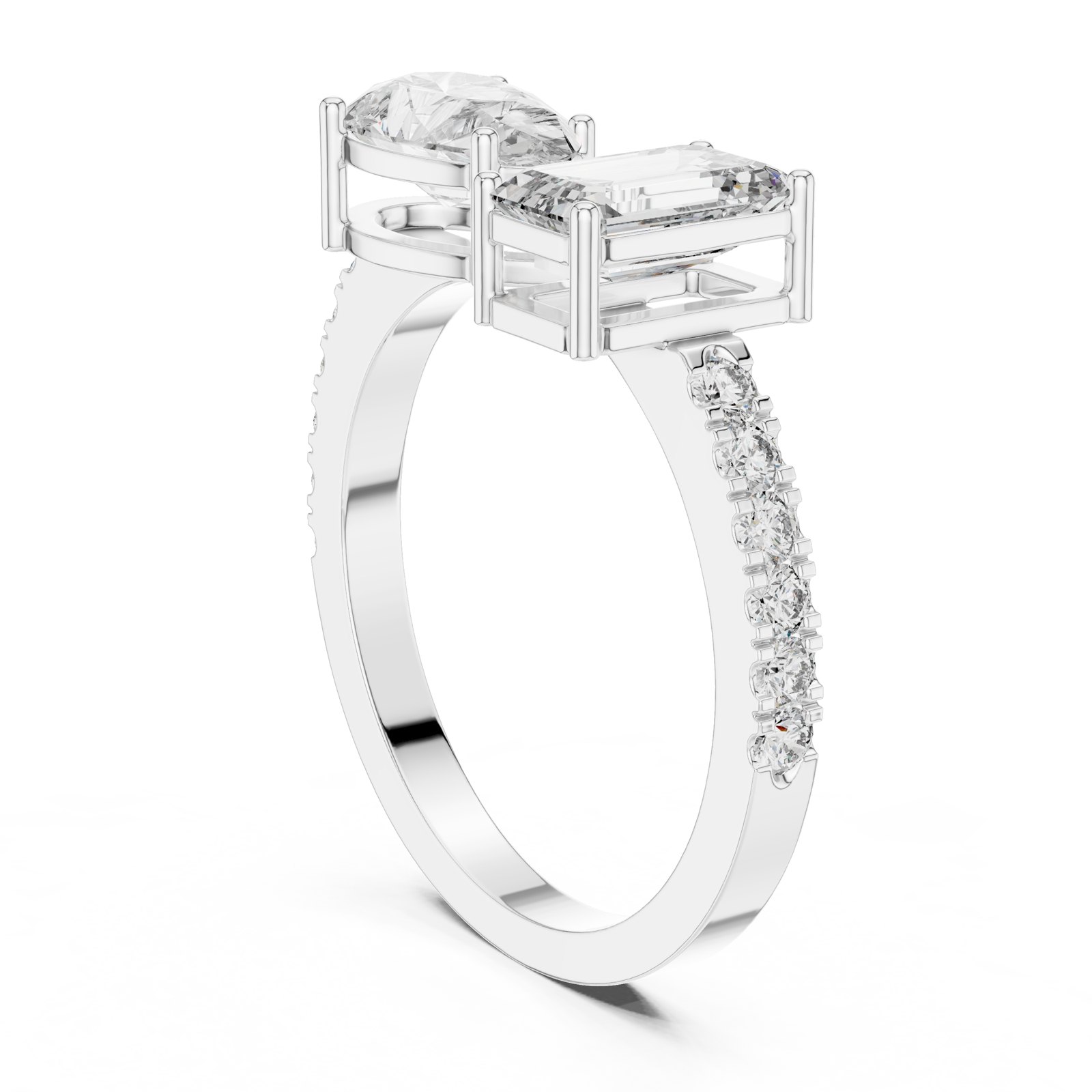 Tessa Pear and Emerald Cut Toi Et Moi Ring with Pavé Band in white gold