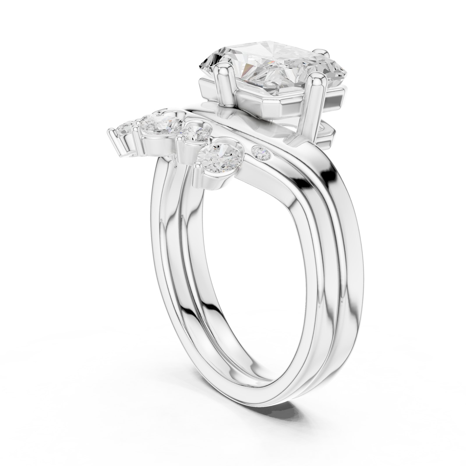 Lilibet Radiant Cut Bypass Engagement Ring with Cluster Shoulder in white gold