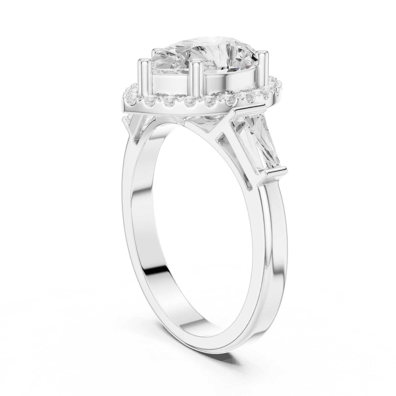 Arabella Pear Halo Engagement Ring with Tapered Baguettes in white gold