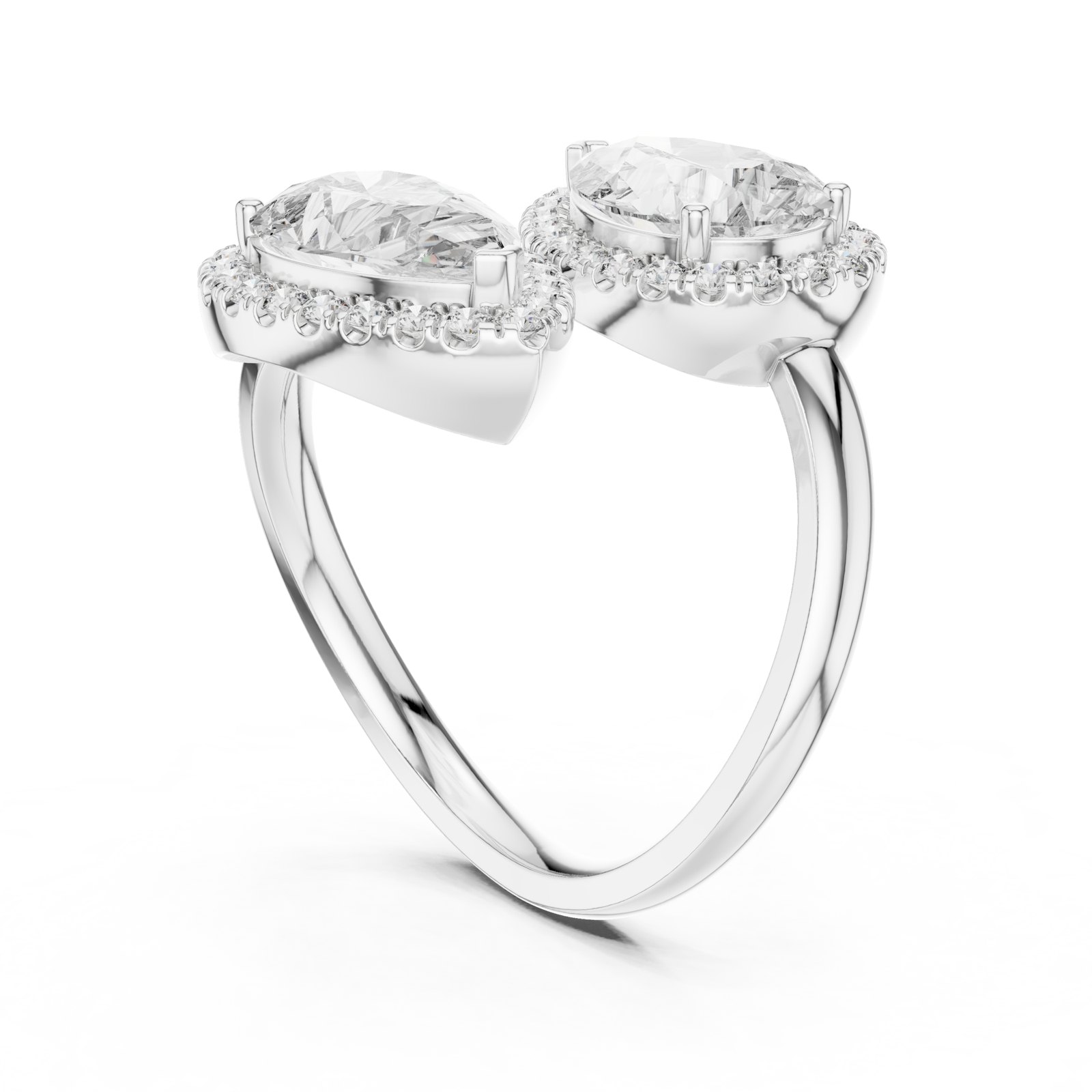 Uma Pear Halo Toi Et Moi Ring with Open V Band in white gold