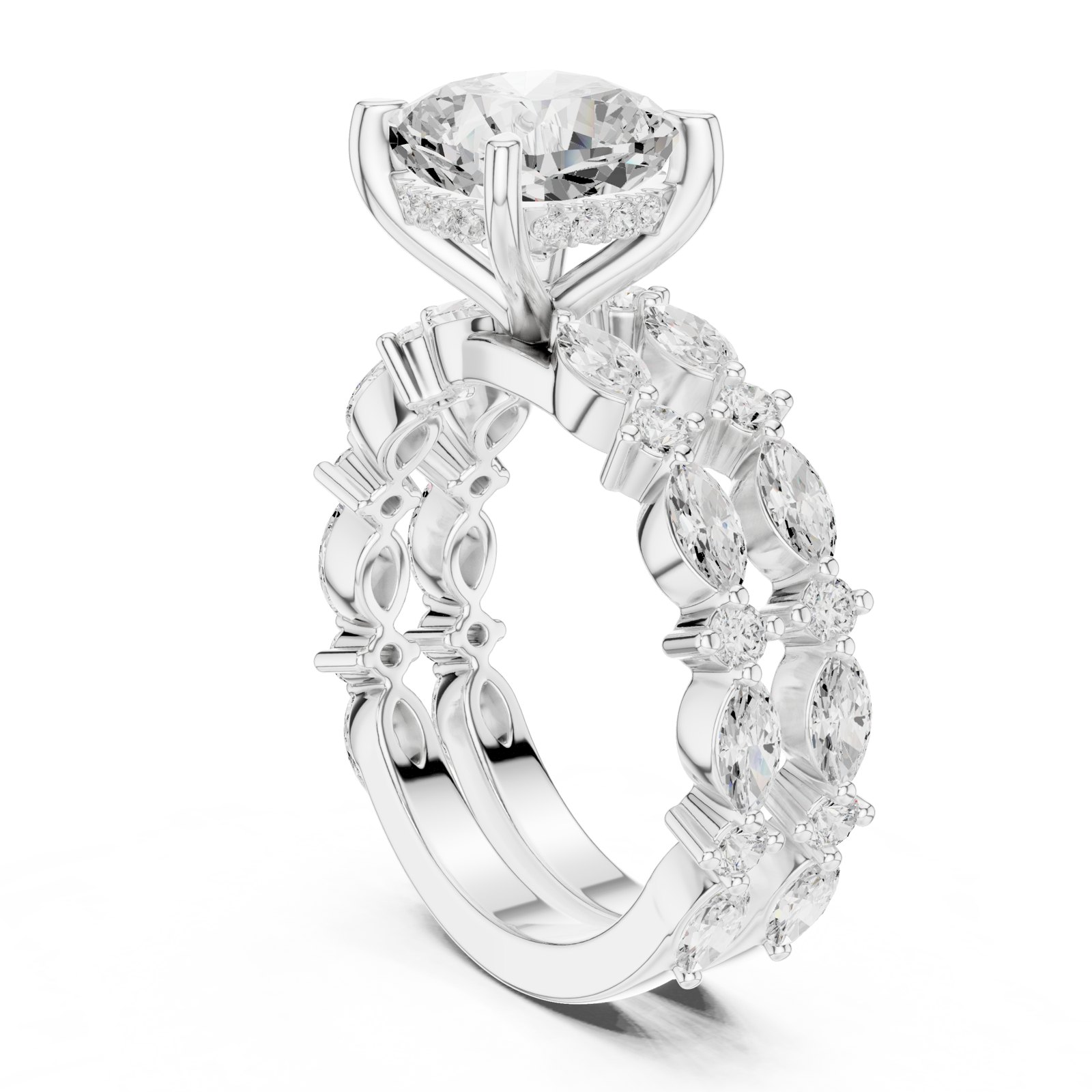 Carla Cushion Hidden Halo Engagement Ring with Marquise Band in white gold